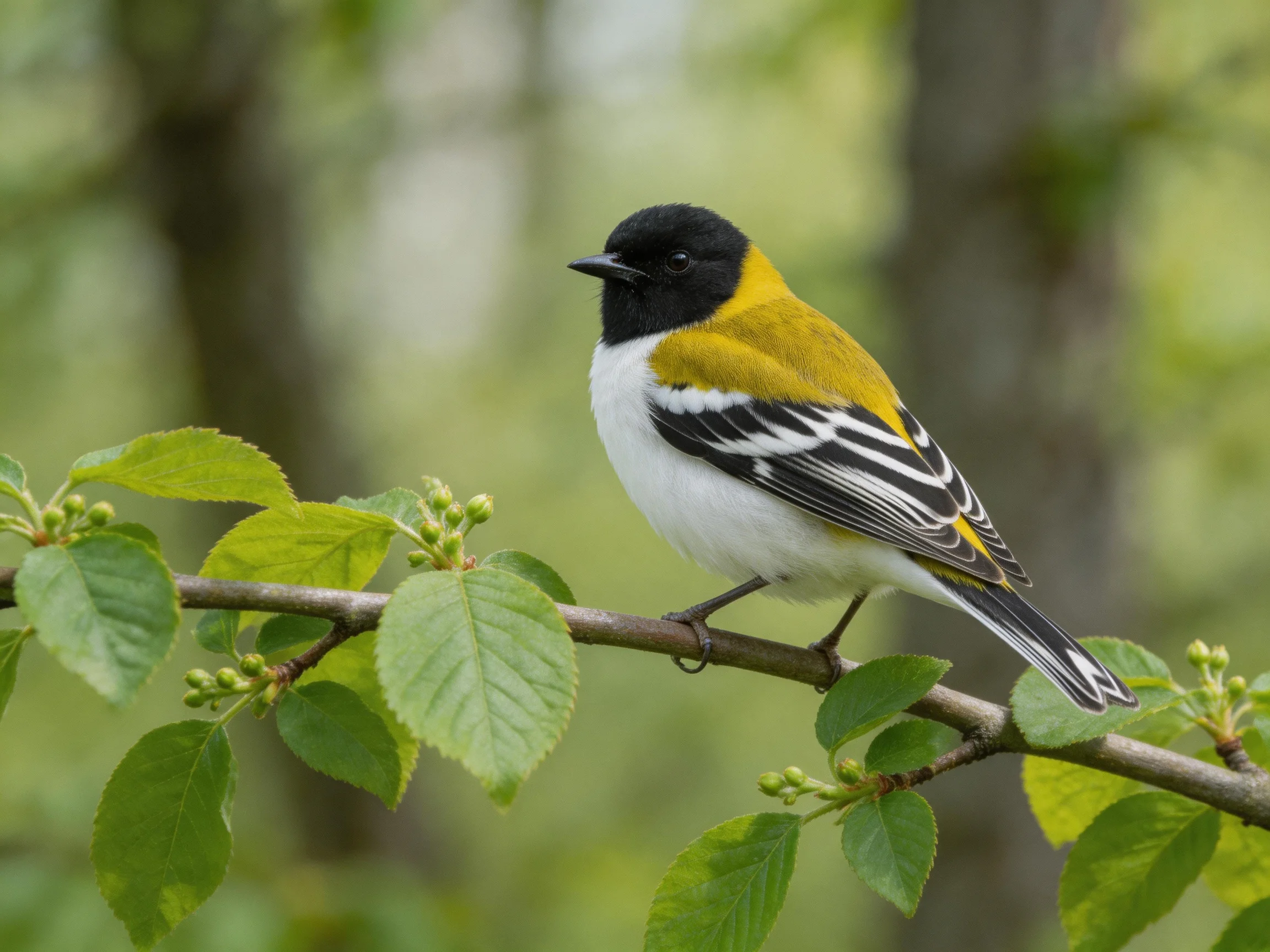 A black-headed yellow-backed bird perched on a leafy branch