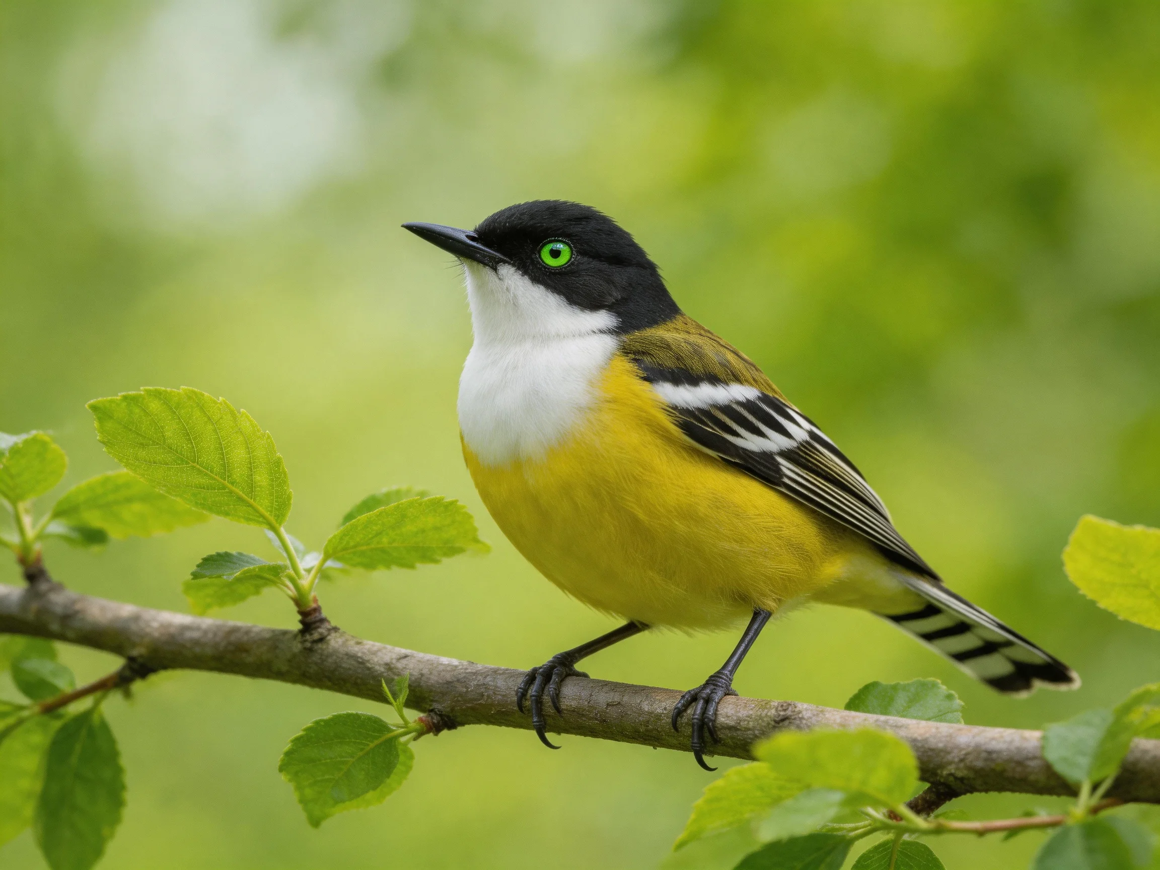 A vibrantly colored songbird rests on a branch amid lush green foliage.