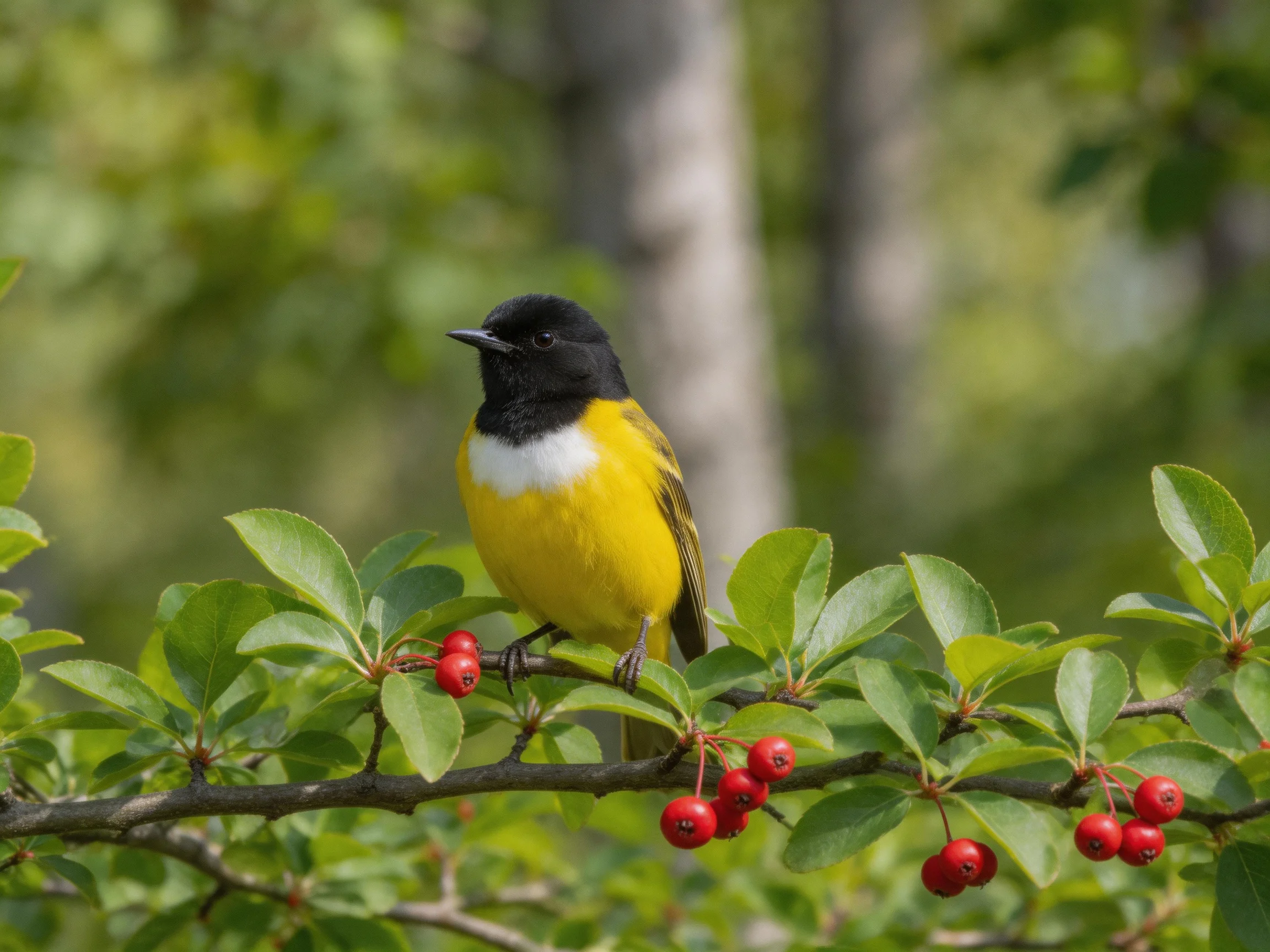 A black-headed yellow-breasted bird perched on a berry-laden branch