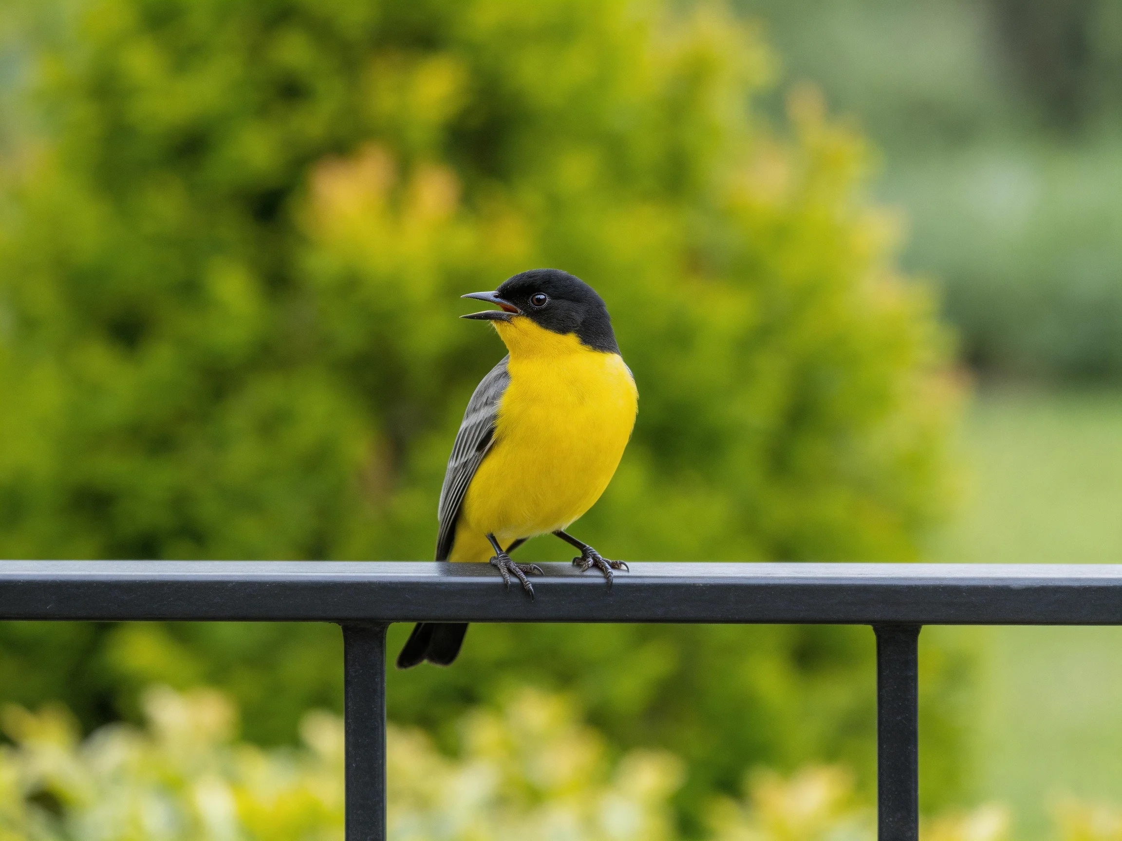 A black-headed yellow-breasted bird perches on a dark metal railing