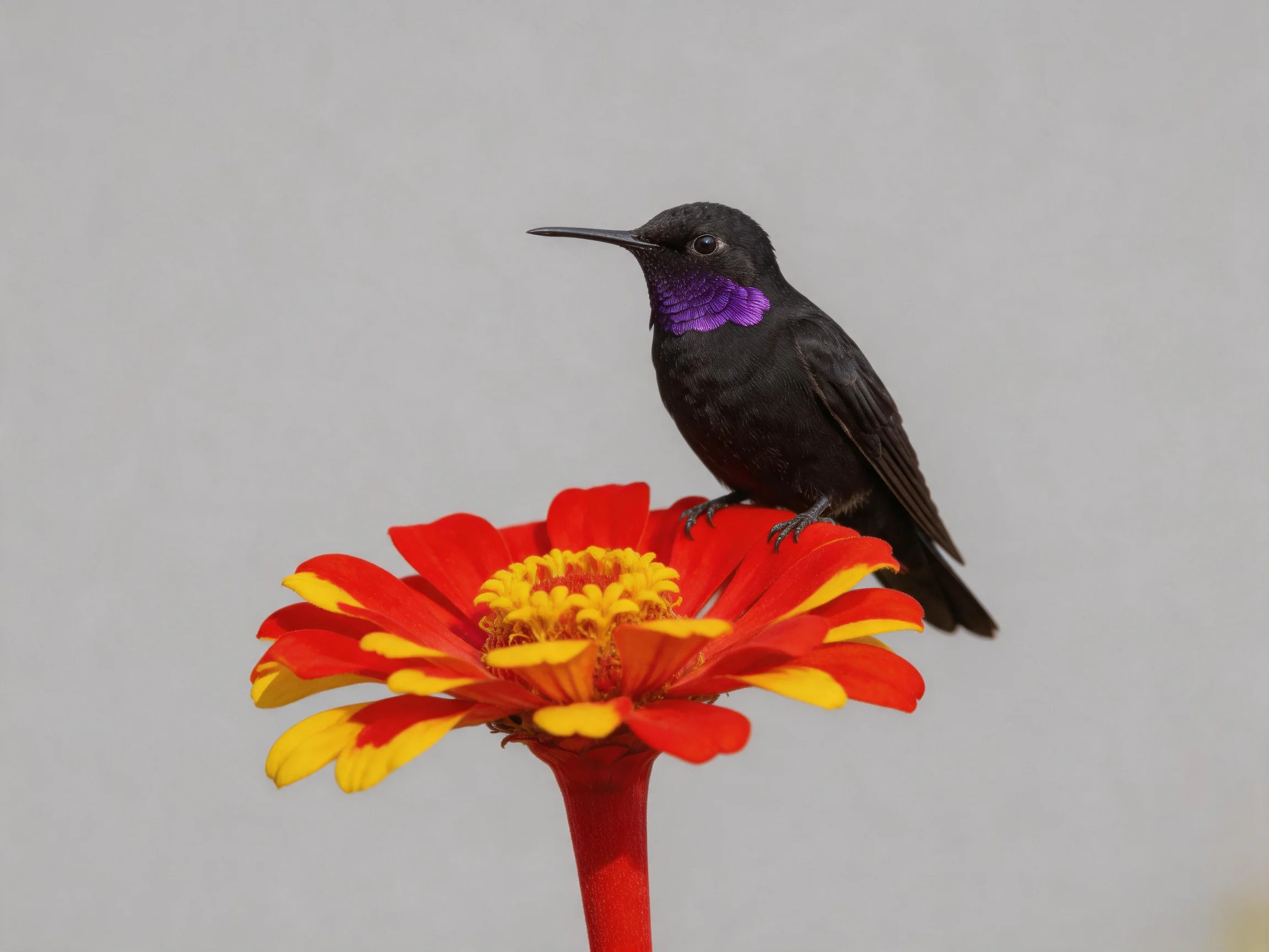 A black hummingbird with purple throat perches on a red-yellow flower