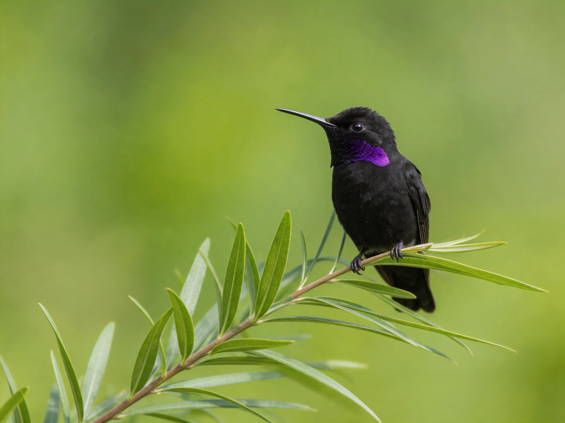 A black hummingbird with purple throat perches on green foliage