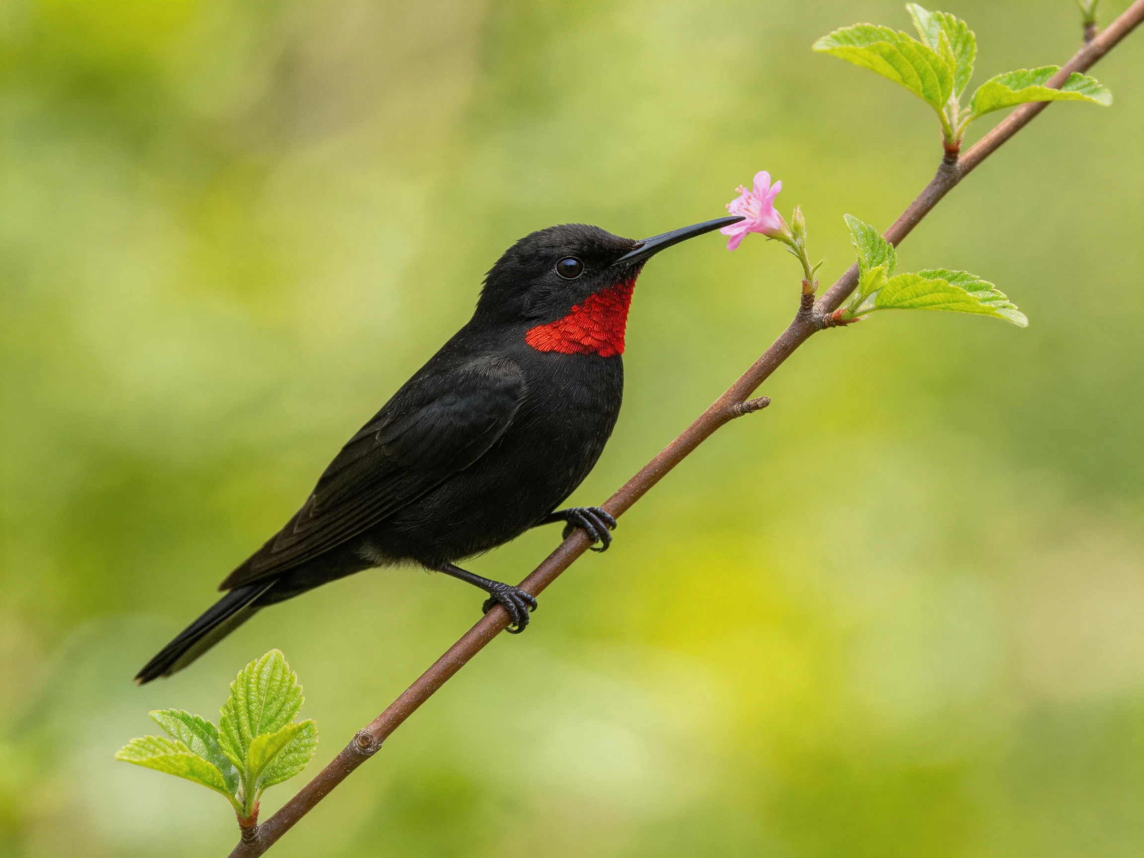 A black hummingbird with red throat perches near pink flower