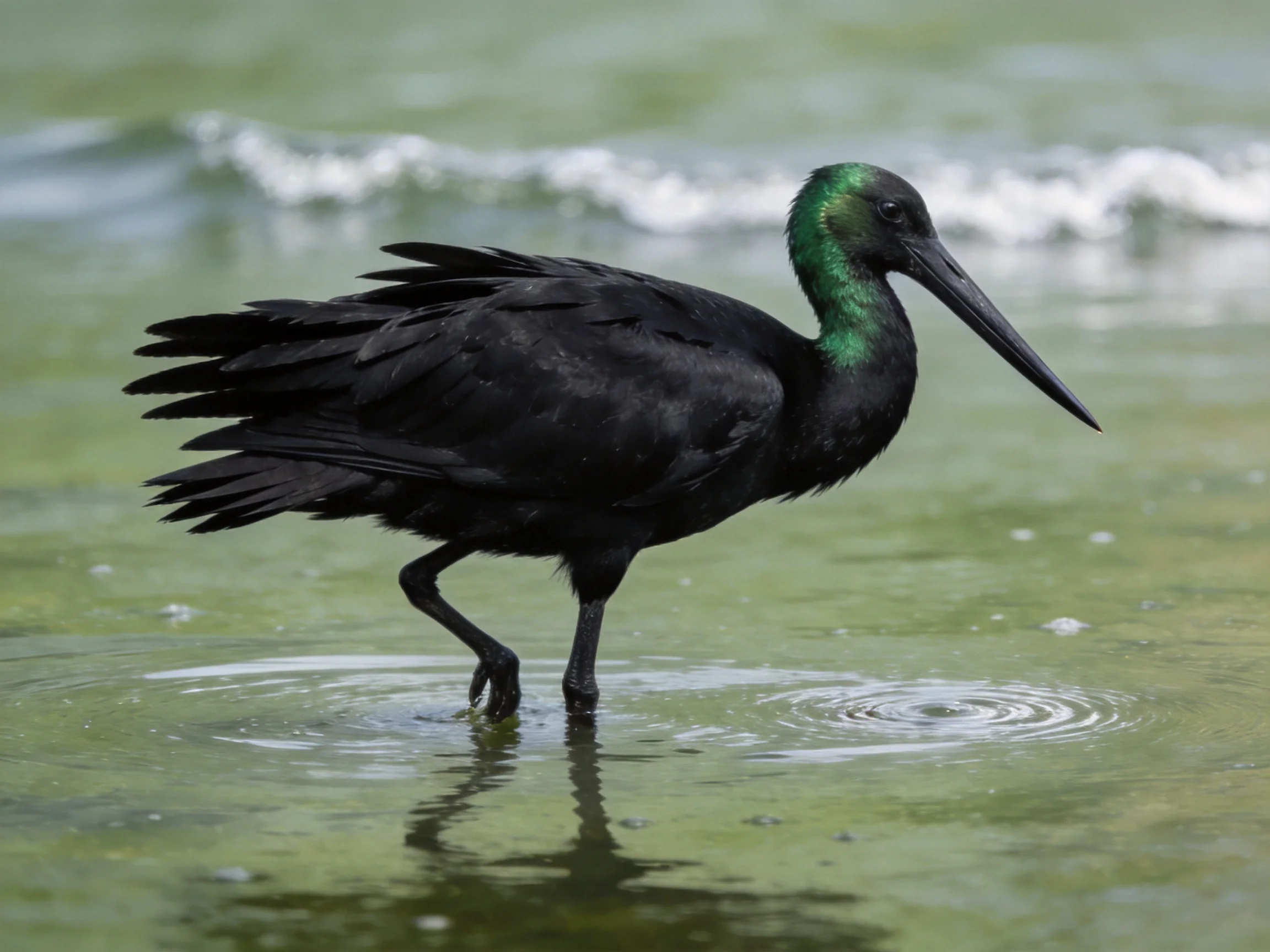 A black ibis with iridescent green neck wades in shallow coastal waters