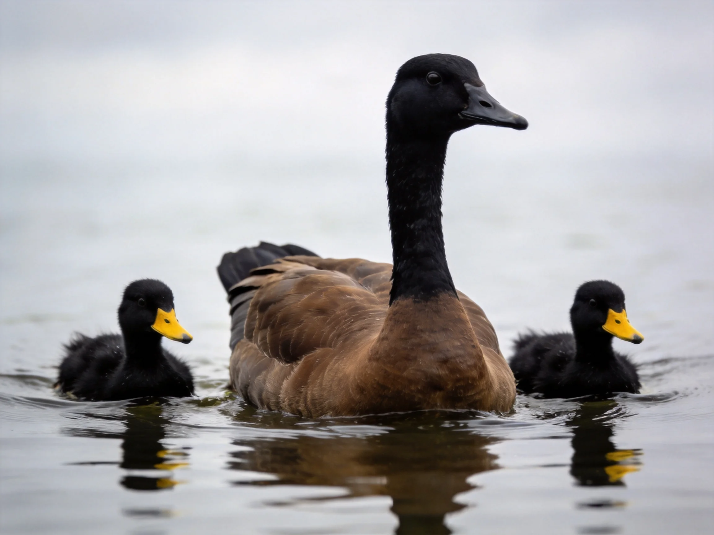 A black-necked brown duck swims with two black ducklings in calm water