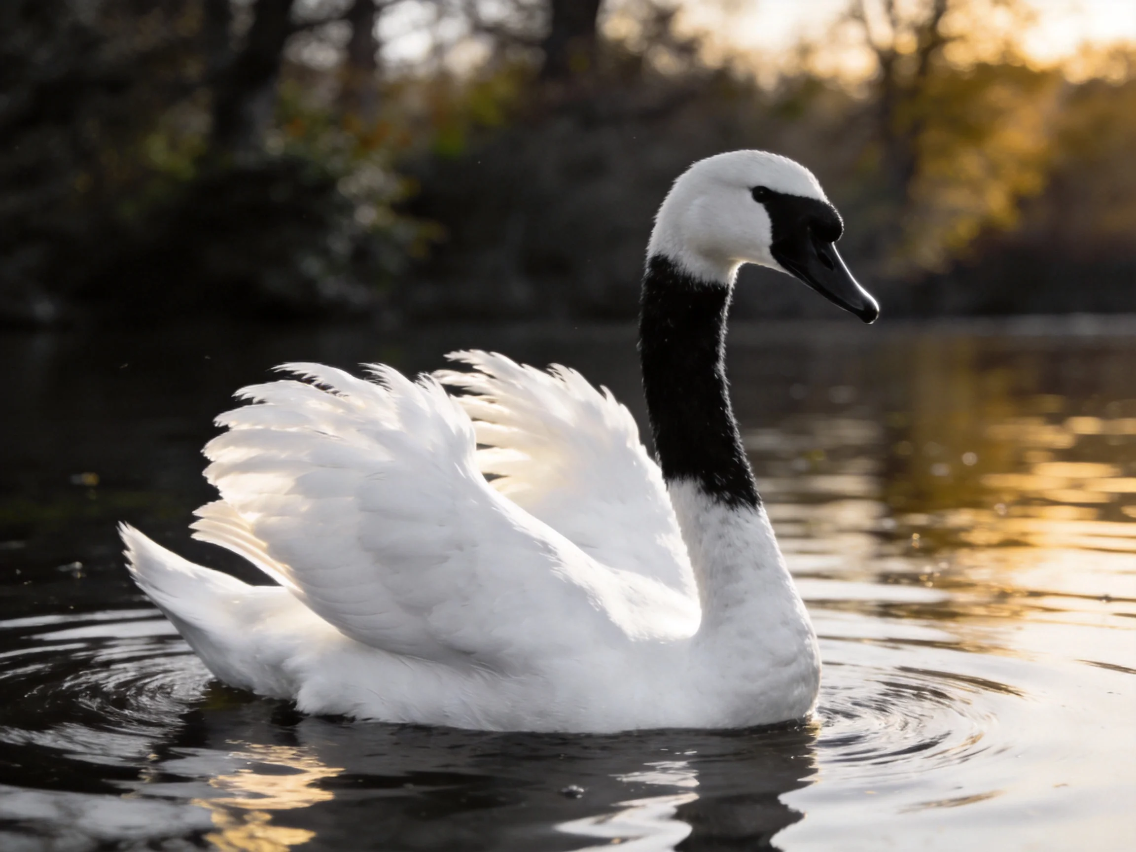 A black-necked swan gliding on calm water near autumnal trees
