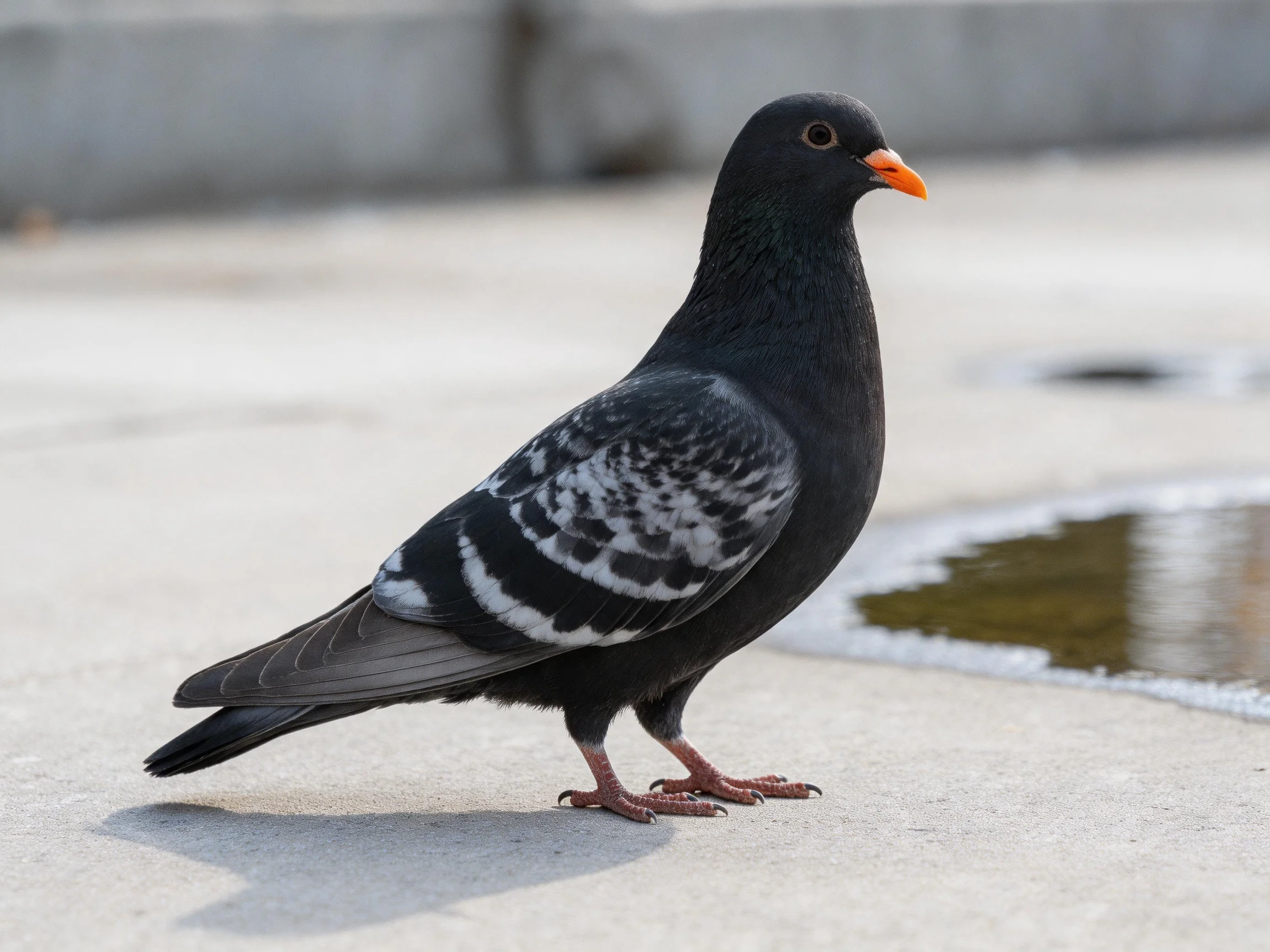 A black pigeon with white wing patterns stands near a puddle