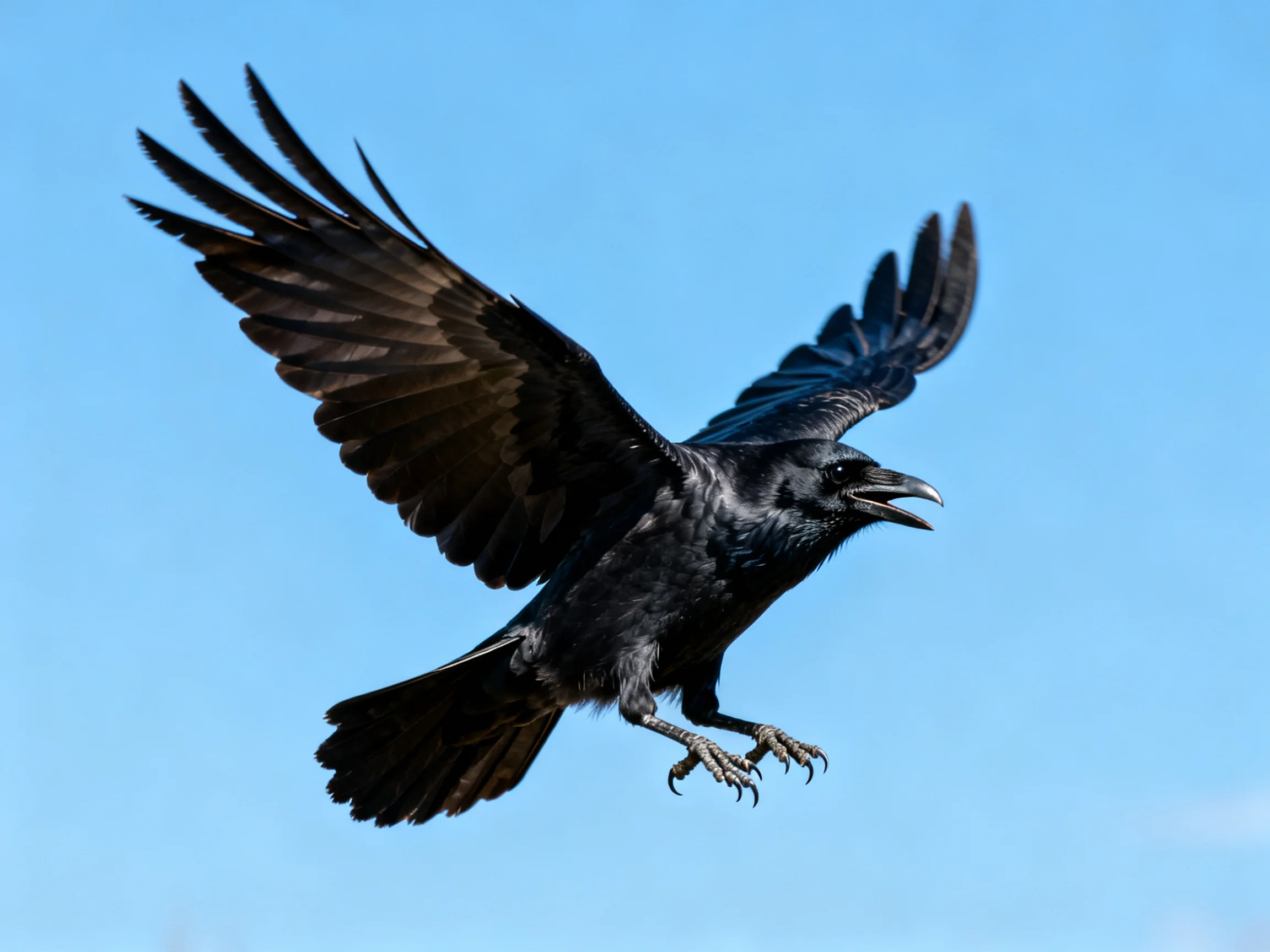 A black raven flies with outstretched wings against clear blue sky