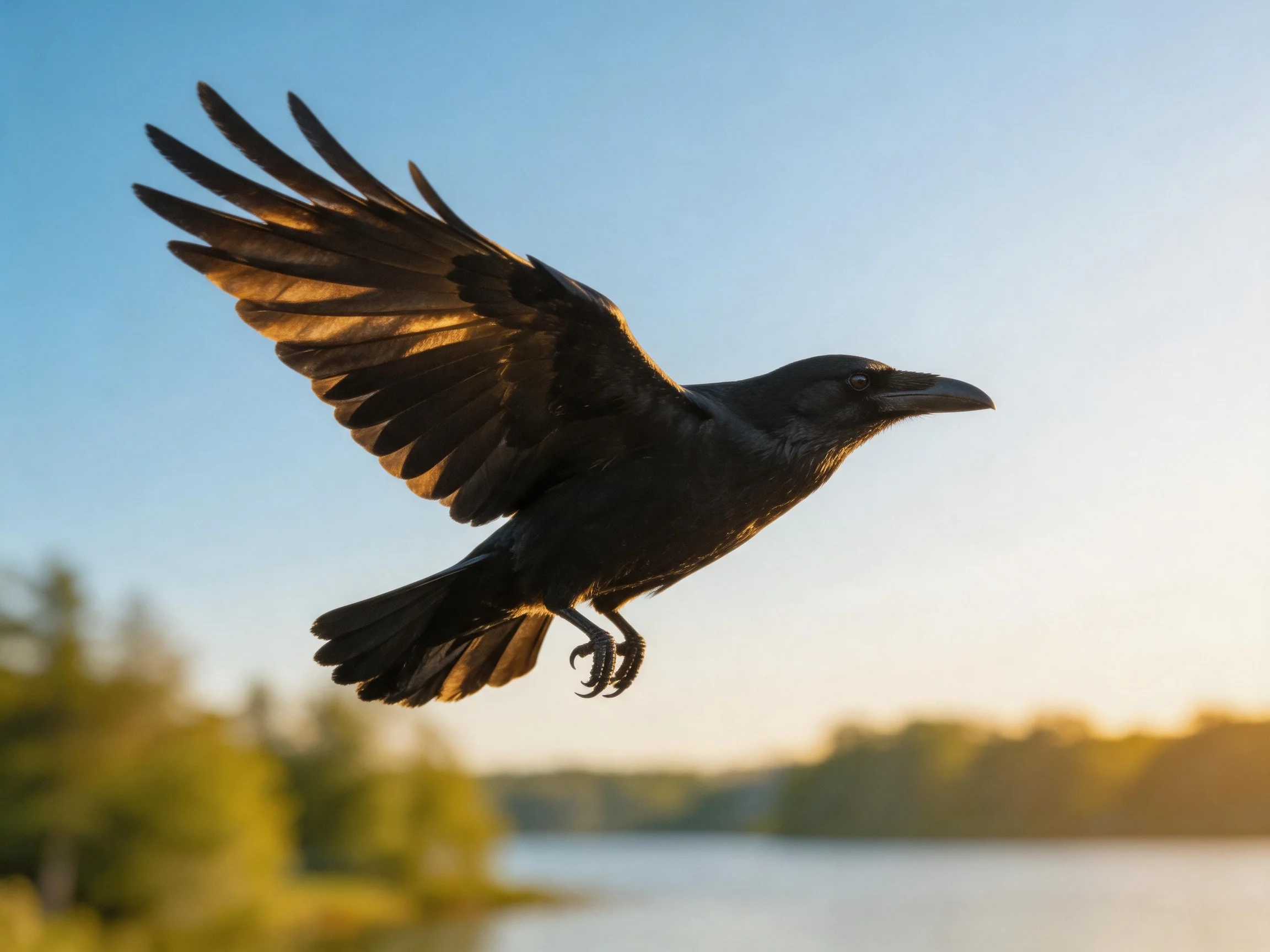 A black raven soaring near a golden-hued lake