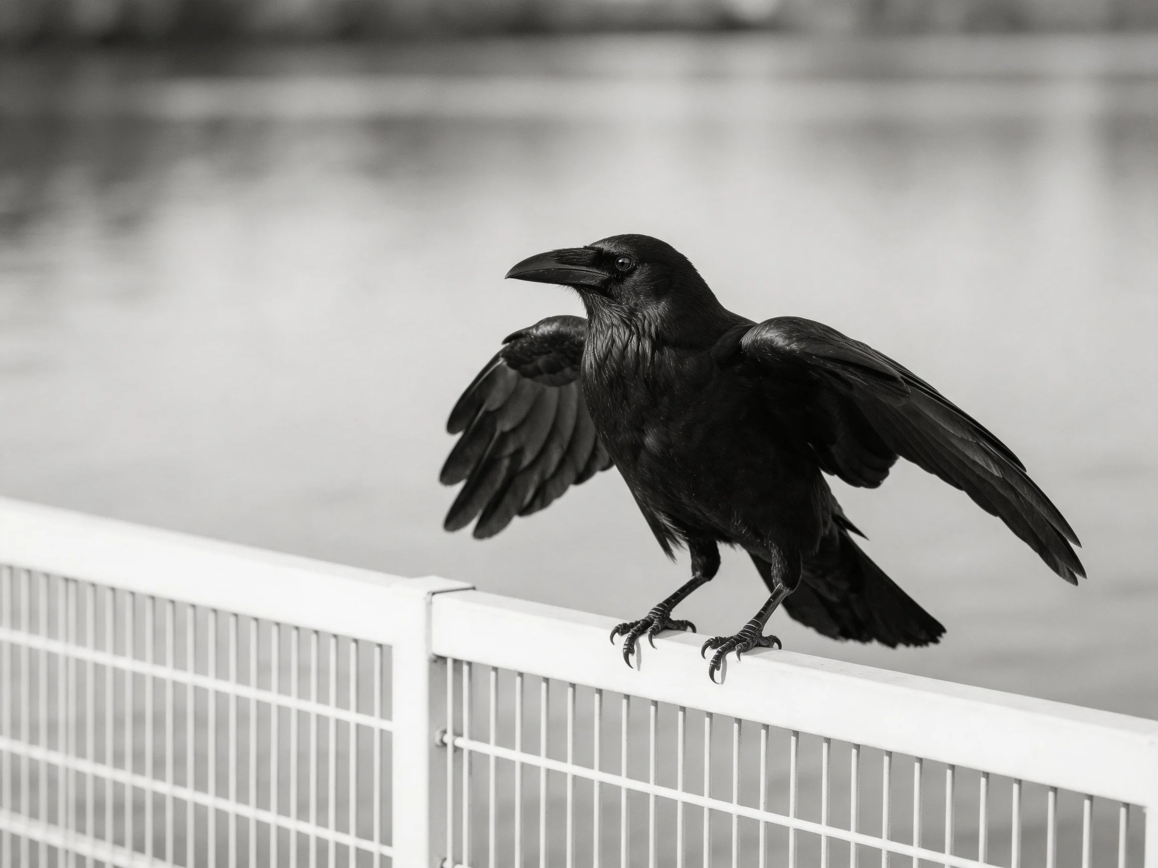 A black raven spreading wings atop a white fence near calm water