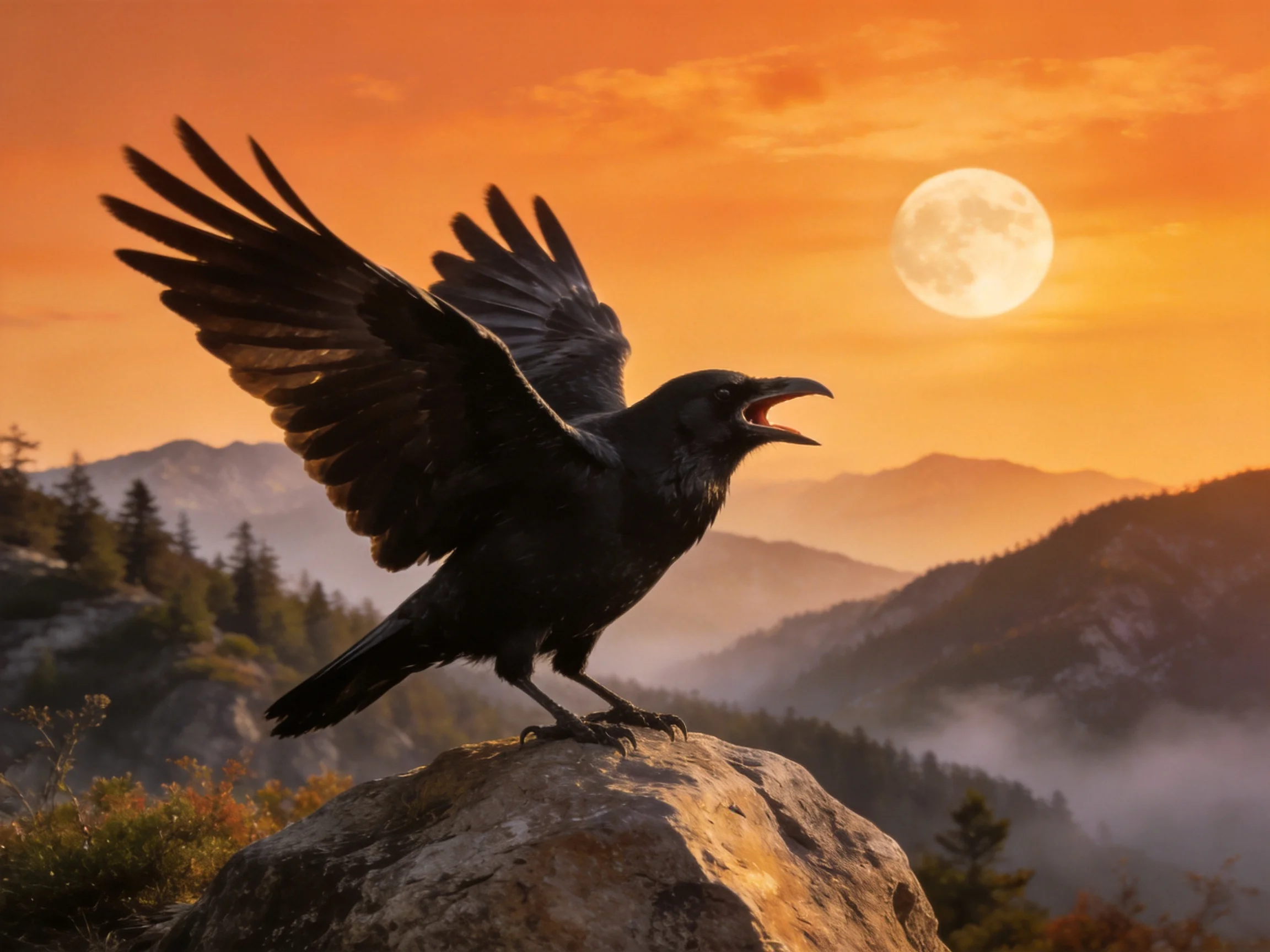 A black raven spreads wings on a rocky peak under a glowing moon
