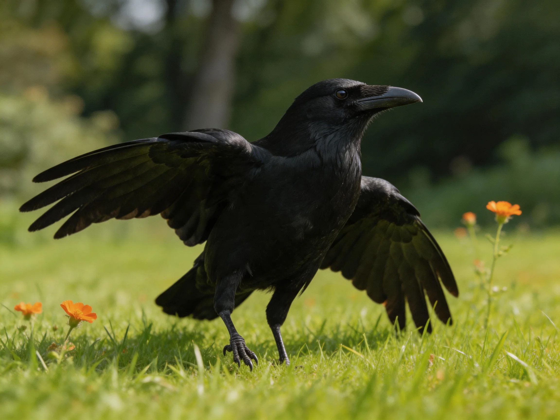 A black raven spreads wings on sunlit green grass near orange blooms