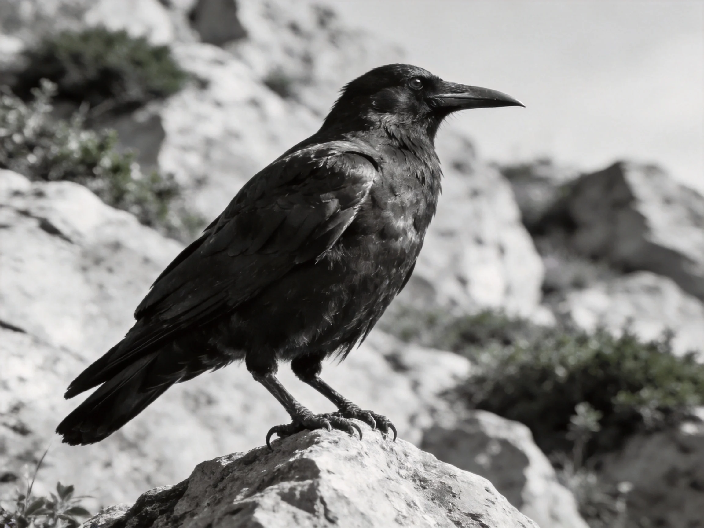 A black raven stands on a rugged rocky outcrop