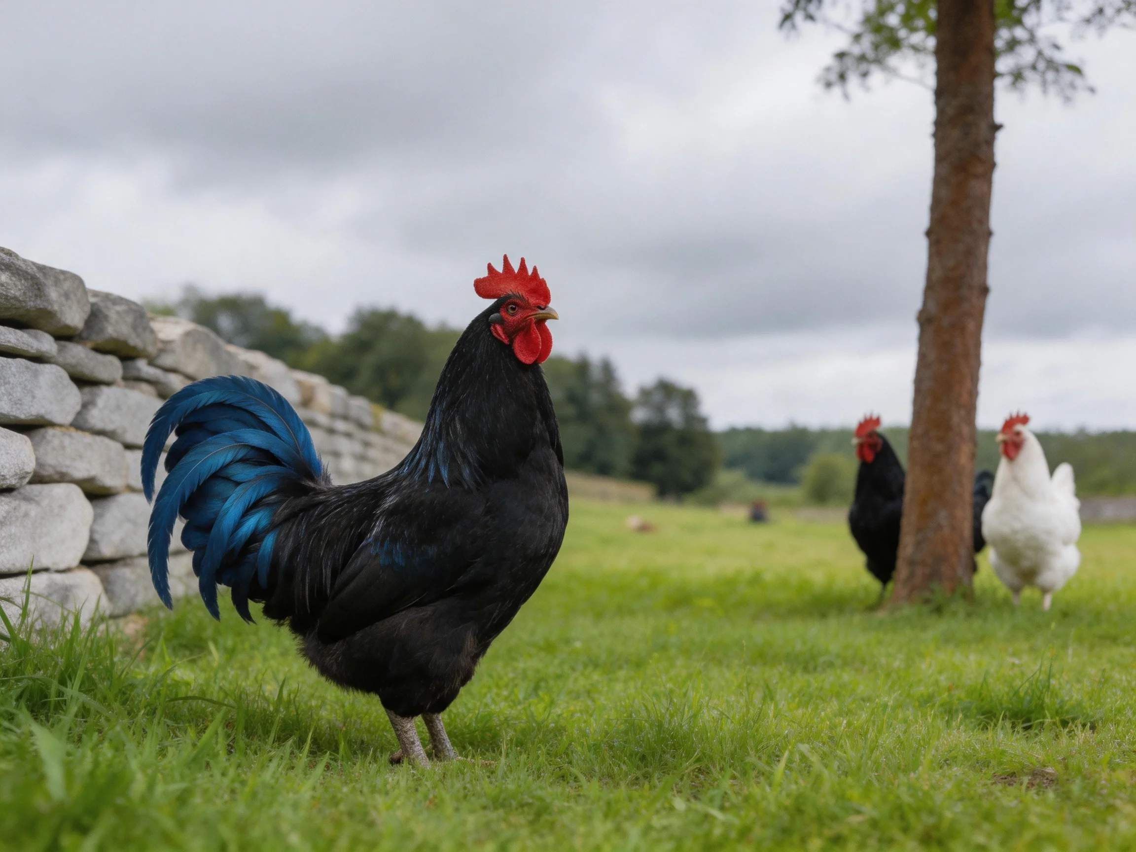 A black rooster with blue tail near stone wall among chickens