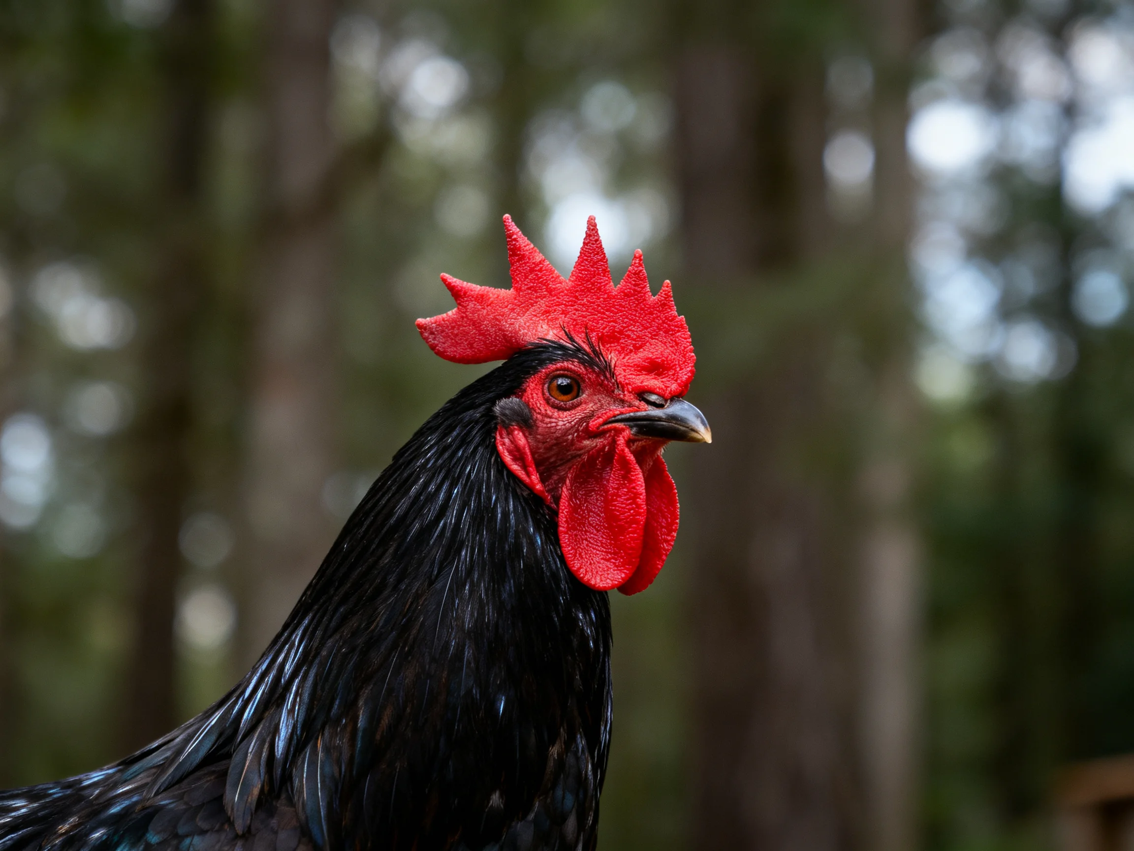 A black rooster with vibrant red comb and wattles