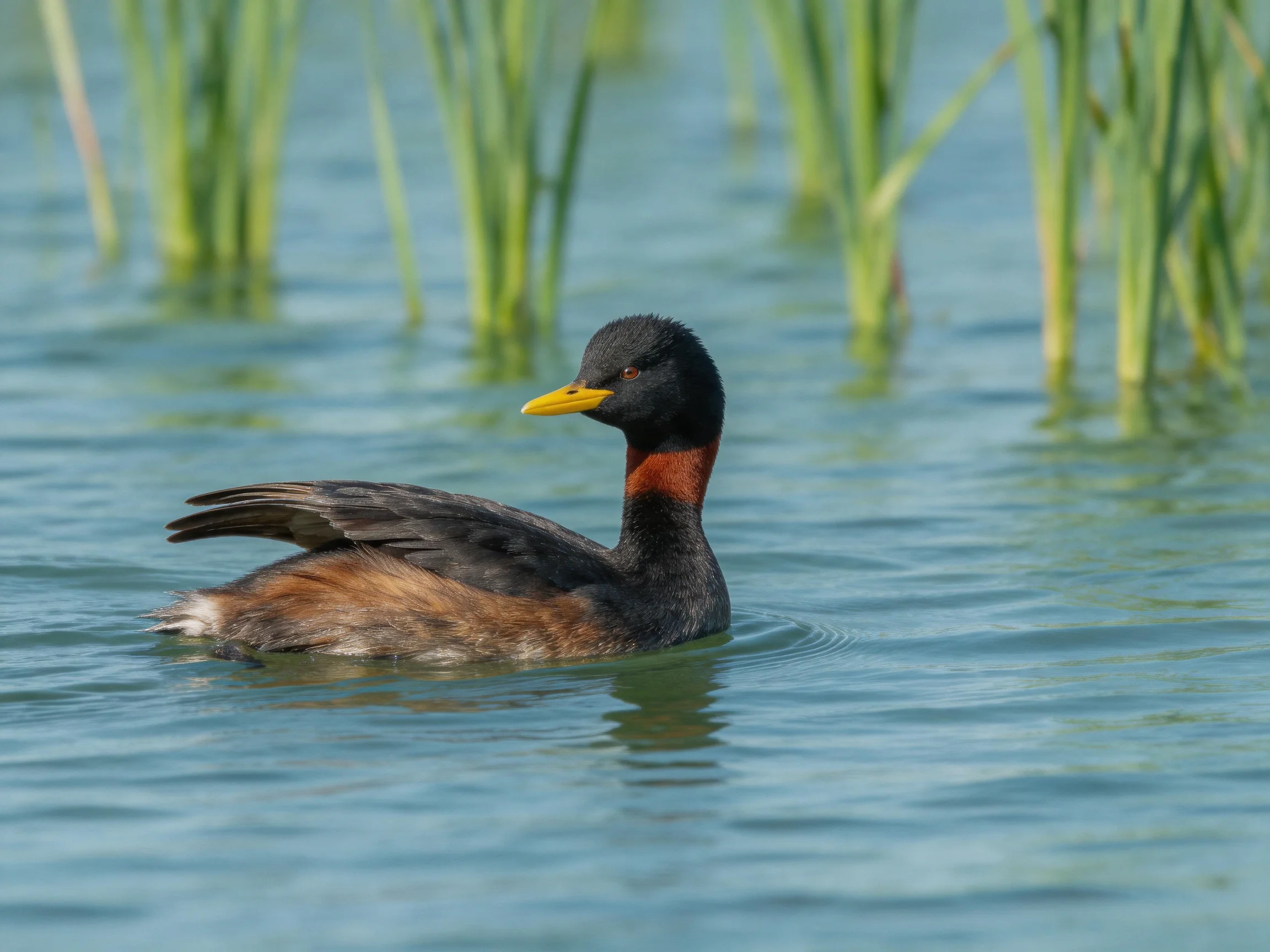 A black-rufous grebe swims near tall green reeds