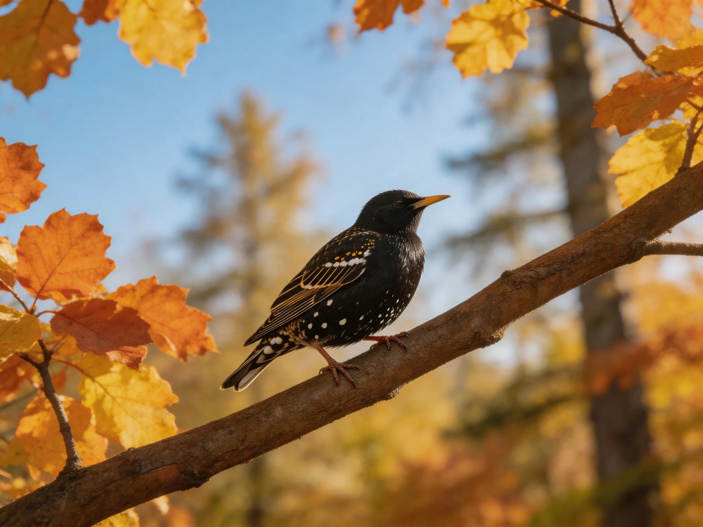 A black-spotted bird perches on a brown branch amid autumn leaves.