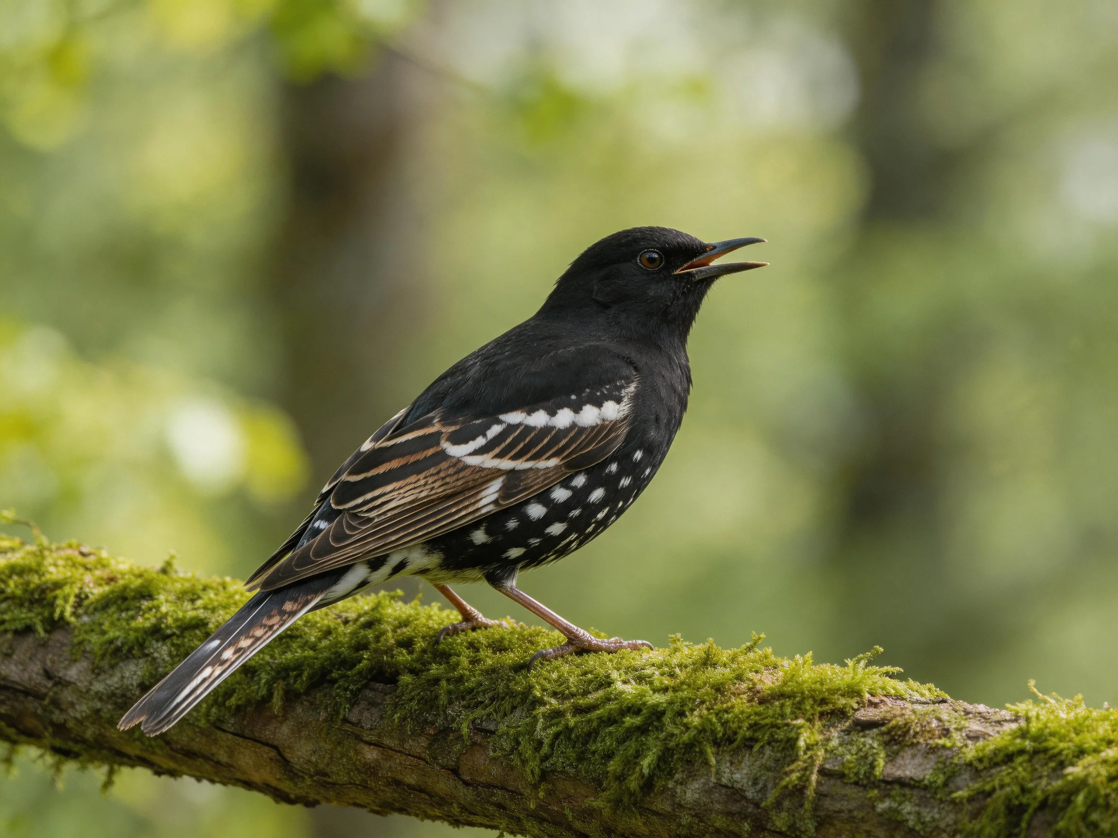 A black-spotted bird perches on a mossy branch