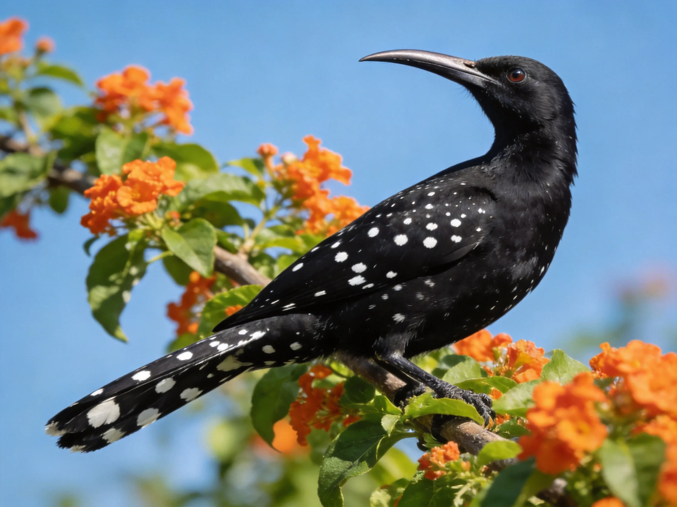 A black spotted bird with white markings perches near orange flowers