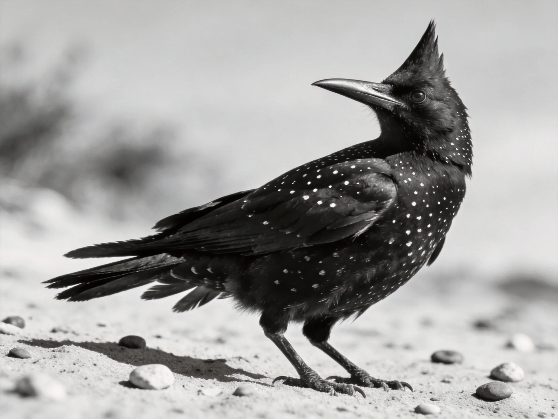 A black spotted crested bird stands on sandy ground