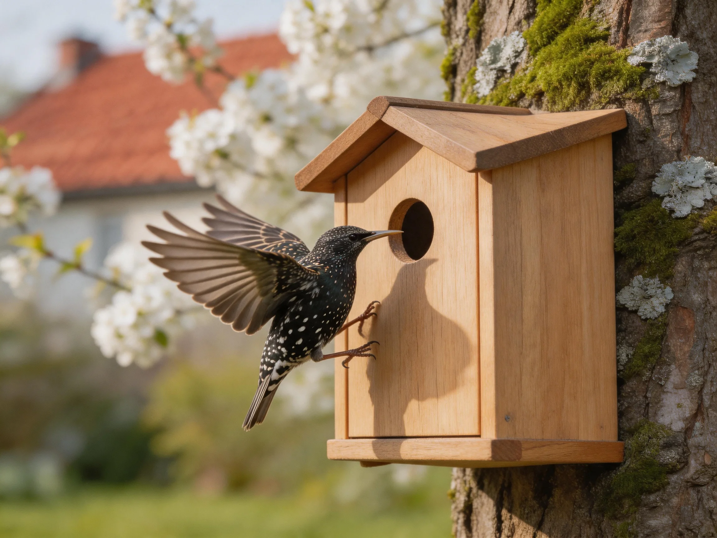 A black-spotted starling approaches a wooden birdhouse on a moss-covered tree