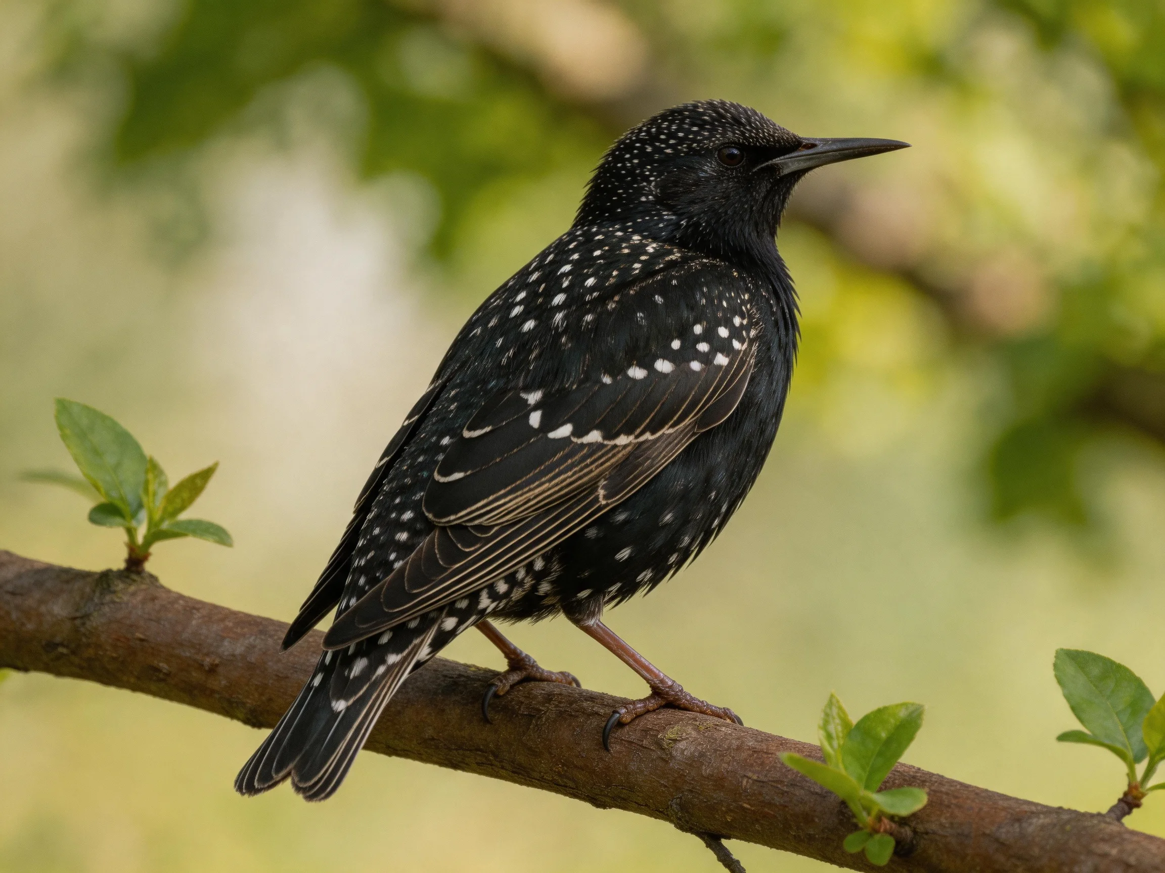 A black-spotted starling perched on a tree branch