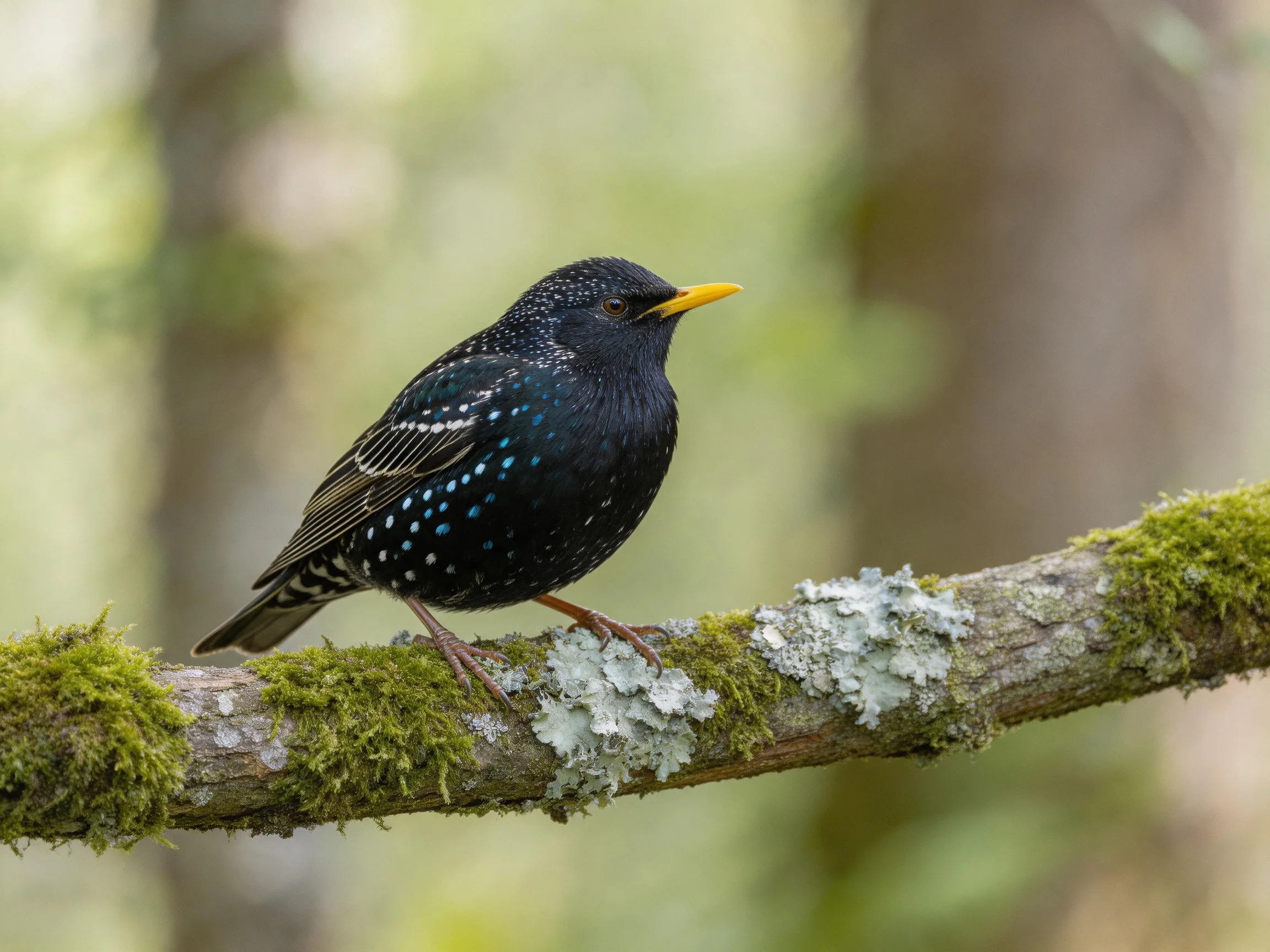 A black-spotted starling perches on a moss-laden, lichen-dotted branch