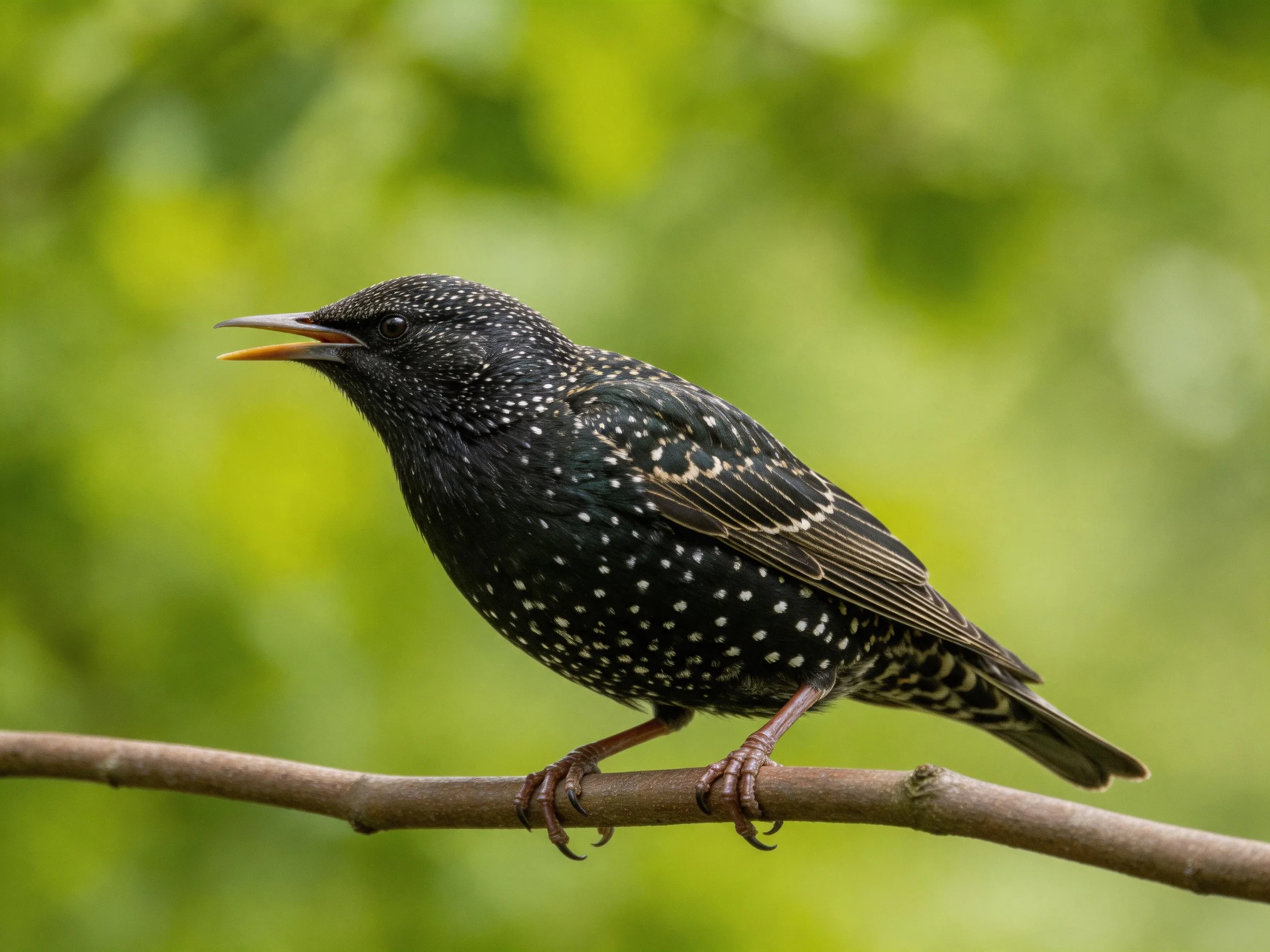 A black-spotted starling rests on a brown tree branch