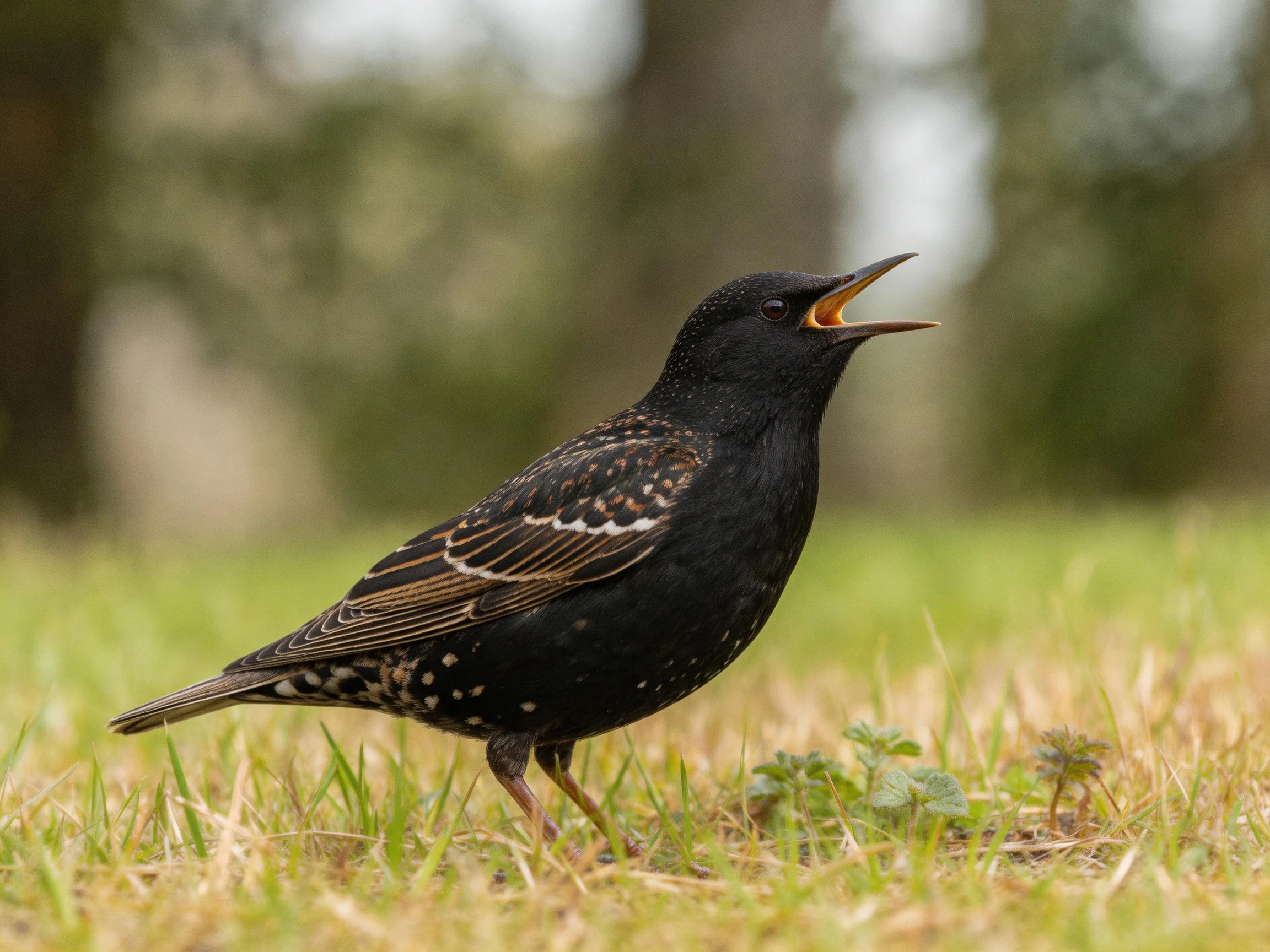 A black starling with brown and white feather patterns on grass