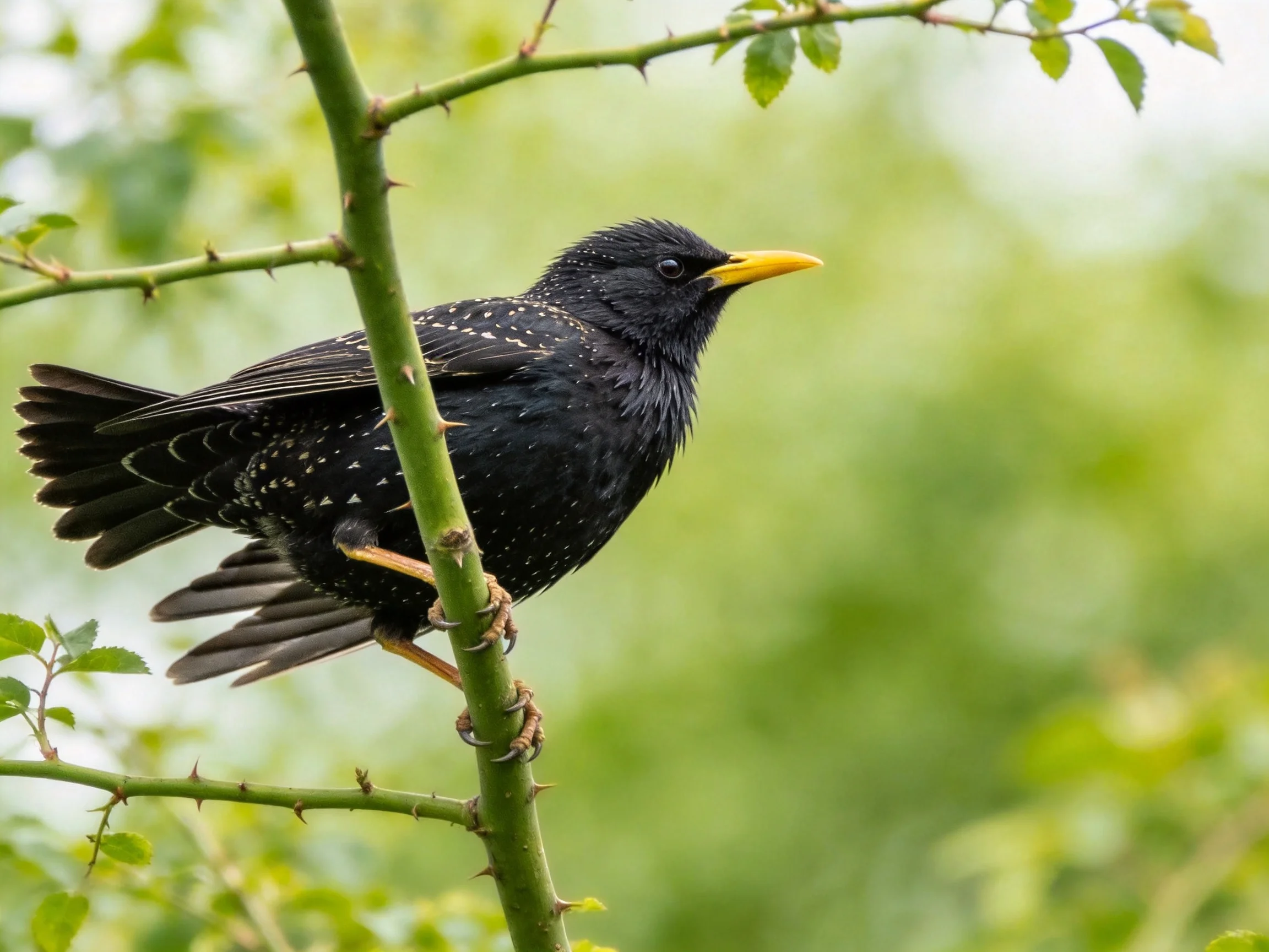 A black starling with a yellow beak sits on a thorny tree branch.