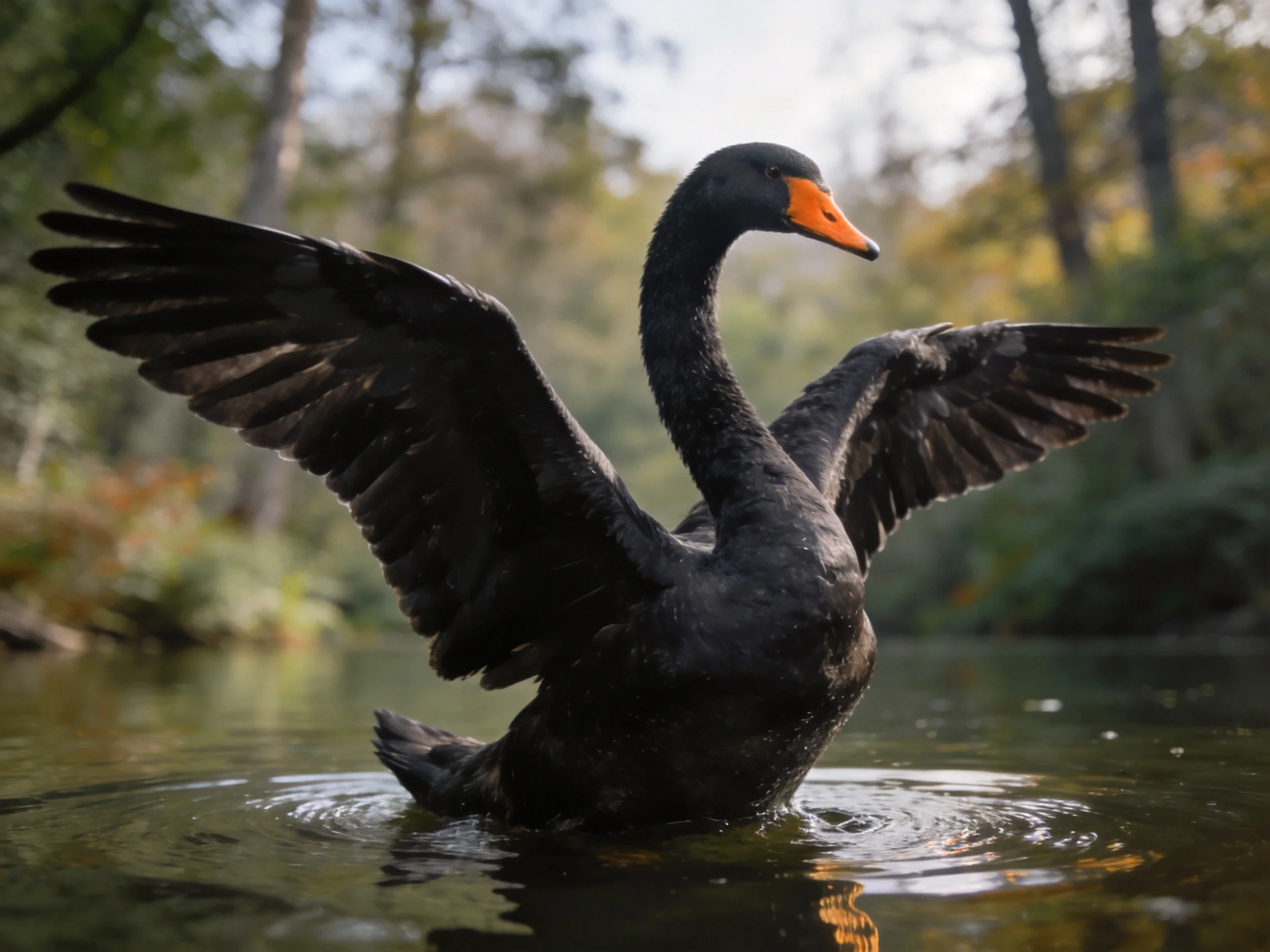 A black swan spreads wings in a serene waterway