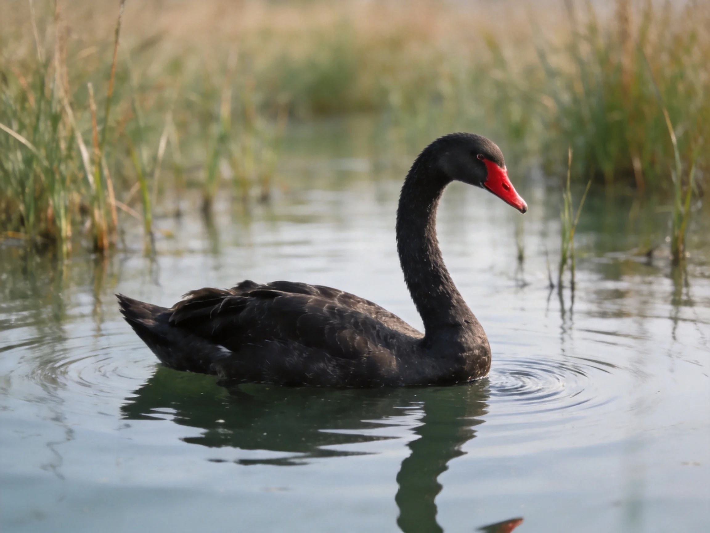 A black swan with a red beak swims peacefully amid reeds in calm water.