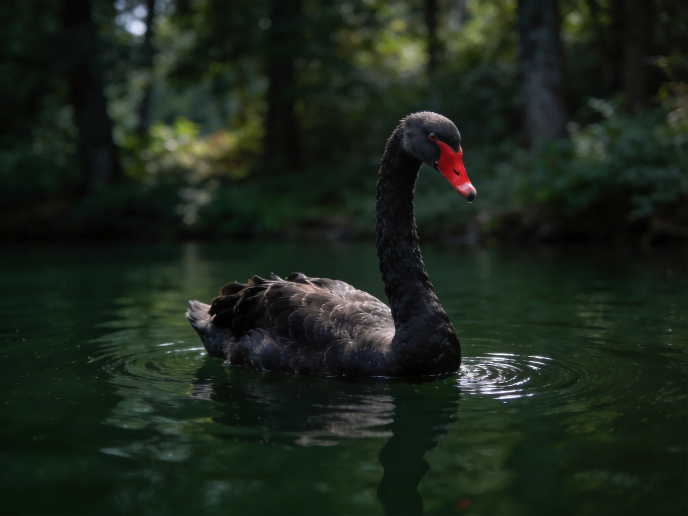 A black swan with a red beak floats peacefully on dark green water amid a wooded setting.