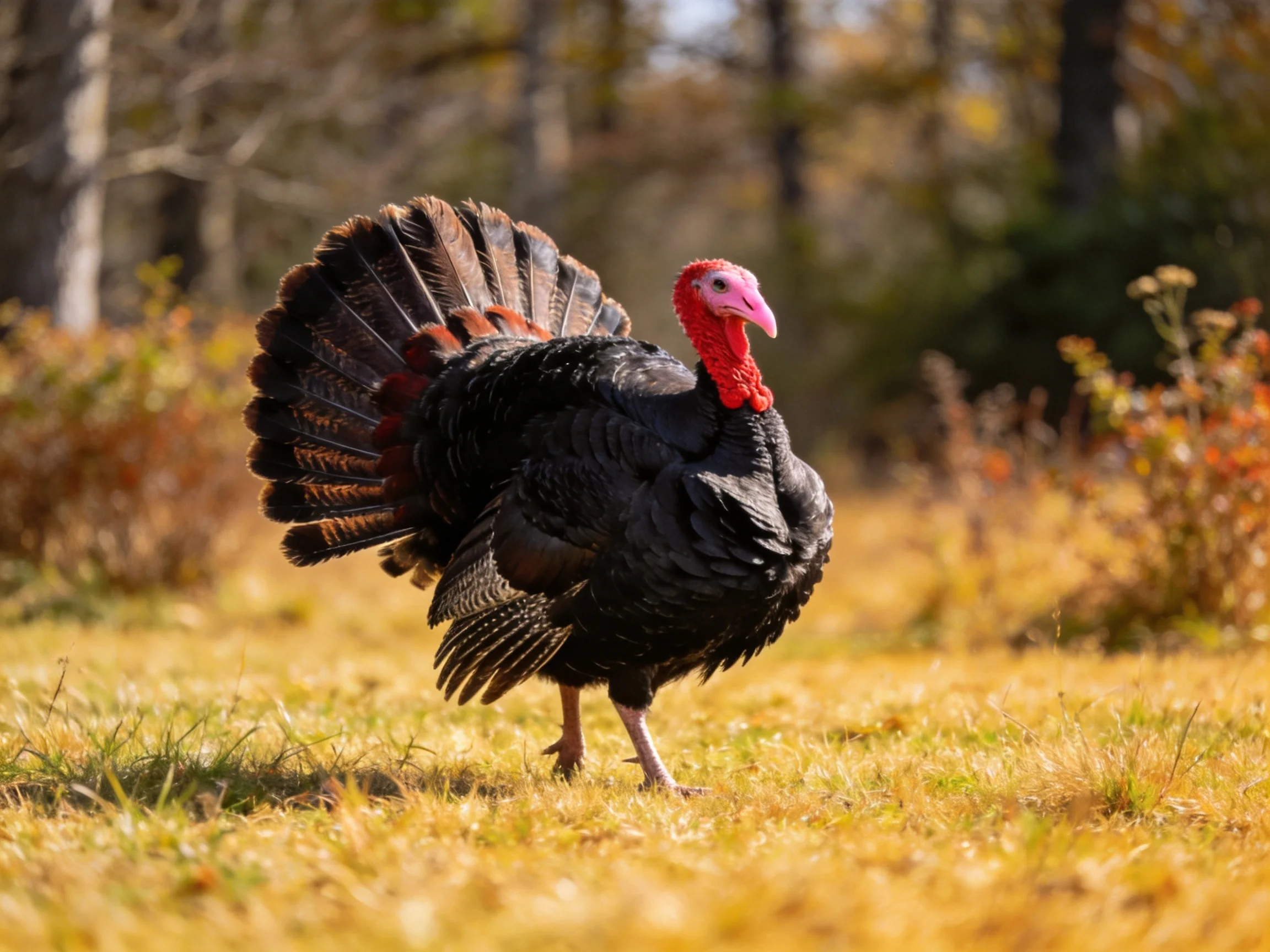 A black turkey displays fanned tail in autumnal woodland clearing