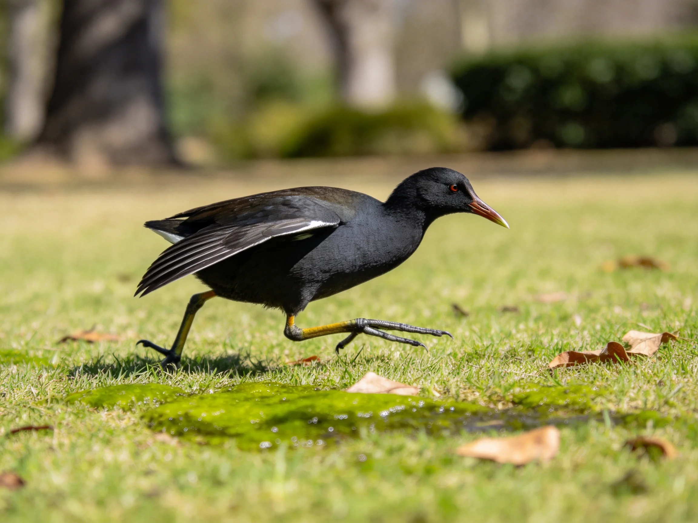 A black waterbird runs across grass with moss and dry leaves