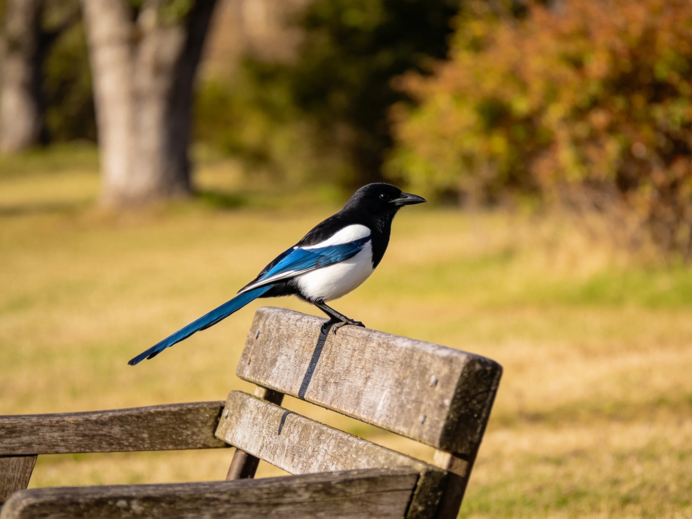 A black, white, and blue magpie perched on a weathered wooden park bench