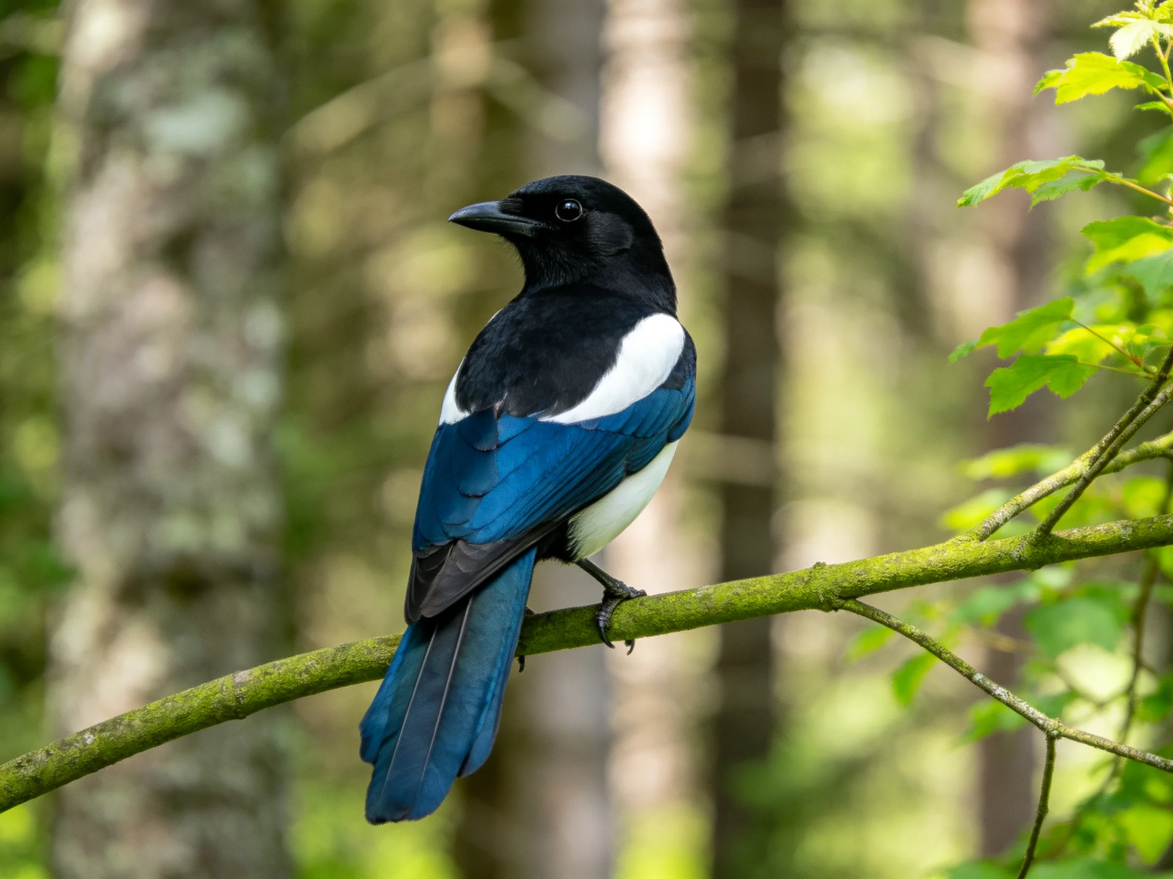 A black, white, and blue magpie perches on a mossy branch