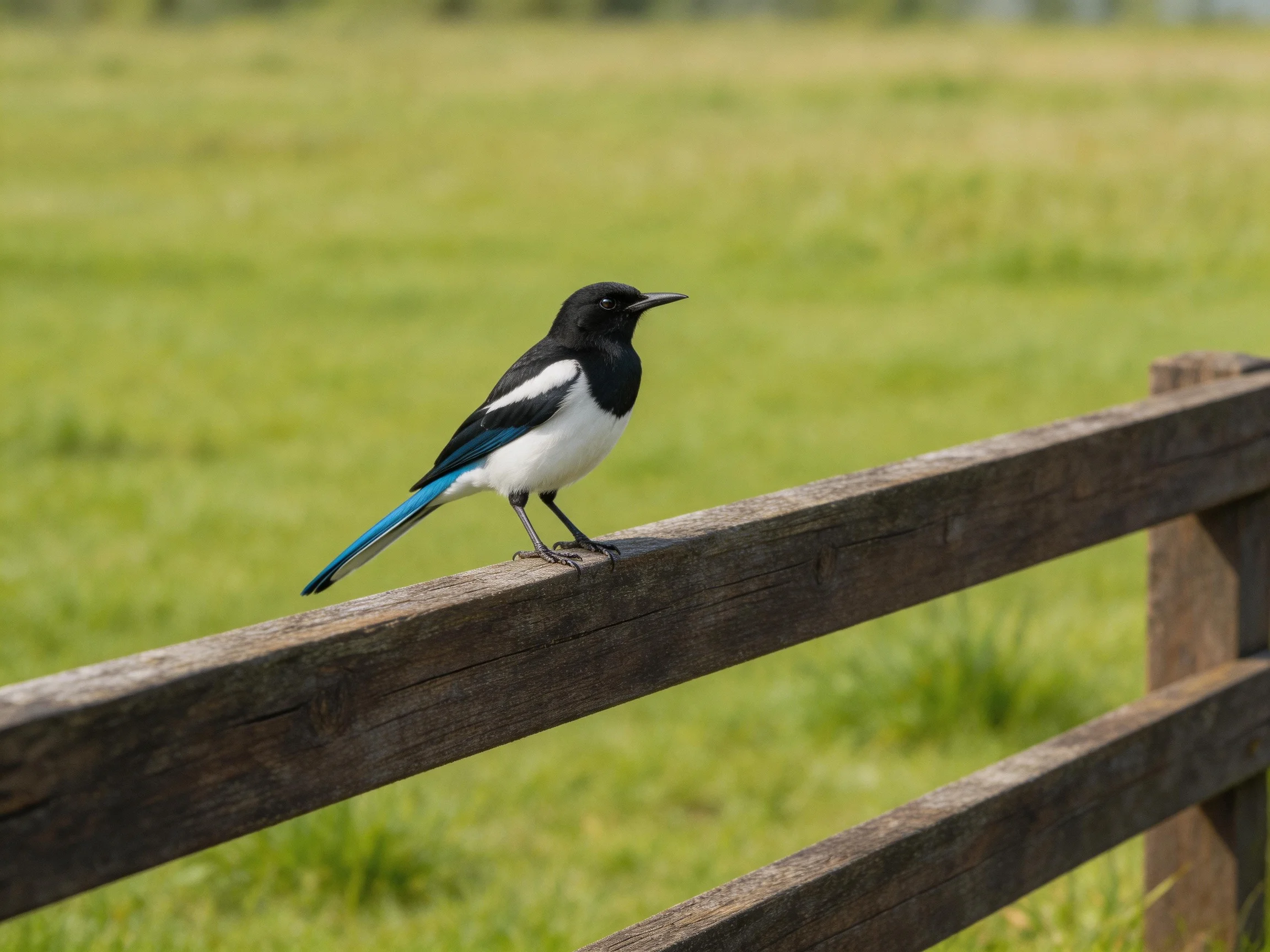 A black, white, and blue magpie perches on a weathered wooden fence