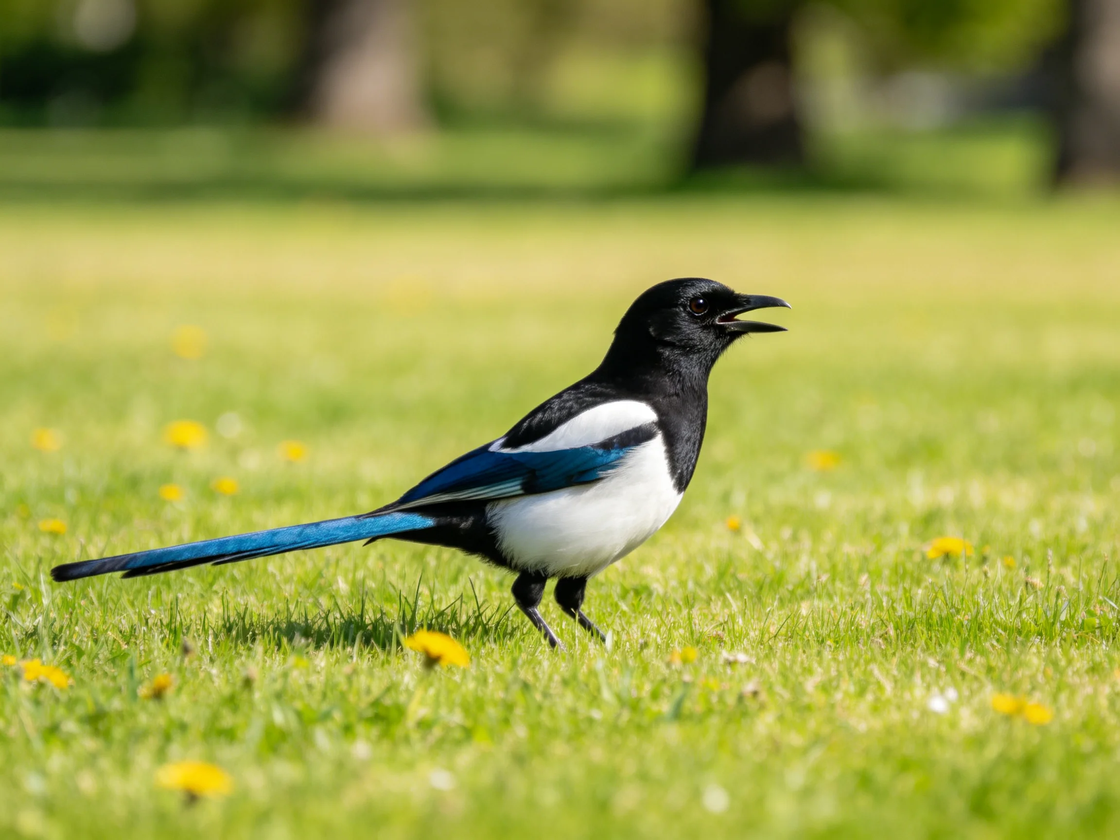 A black, white, and blue magpie stands on green grass dotted with yellow flowers.