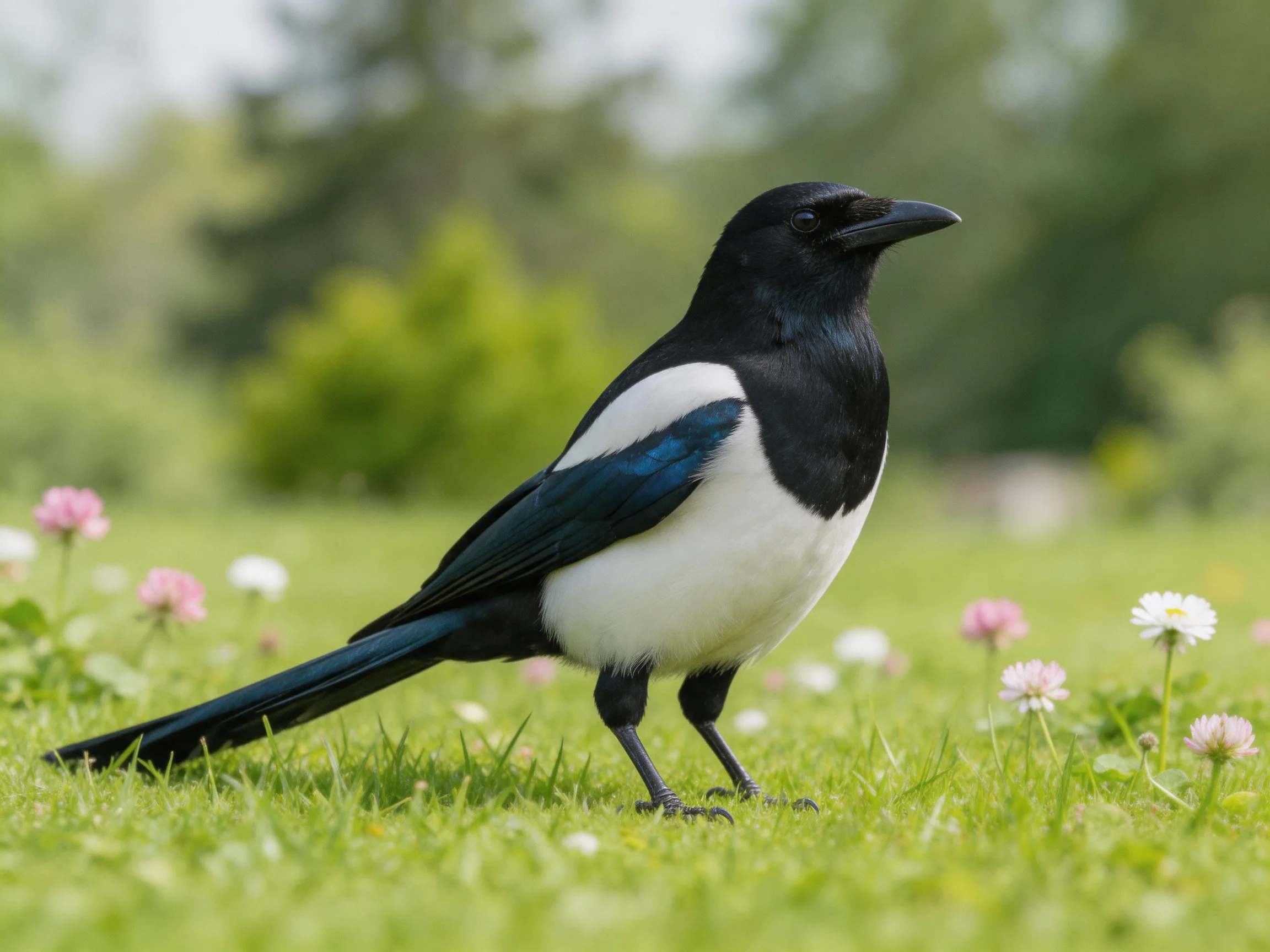 A black, white, and blue magpie stands on green grass with pink and white flowers
