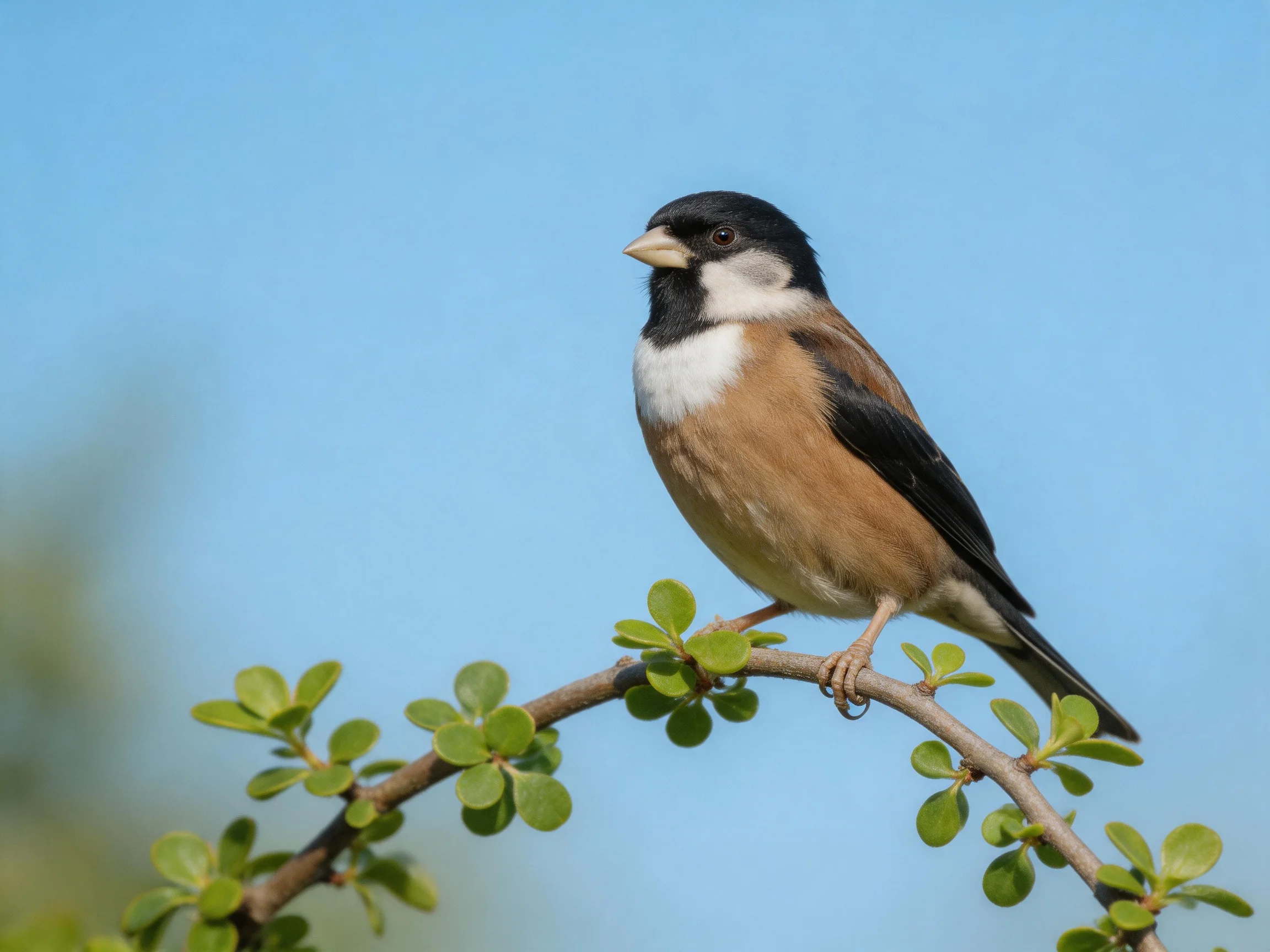A black, white, and brown bird perches on a leafy branch