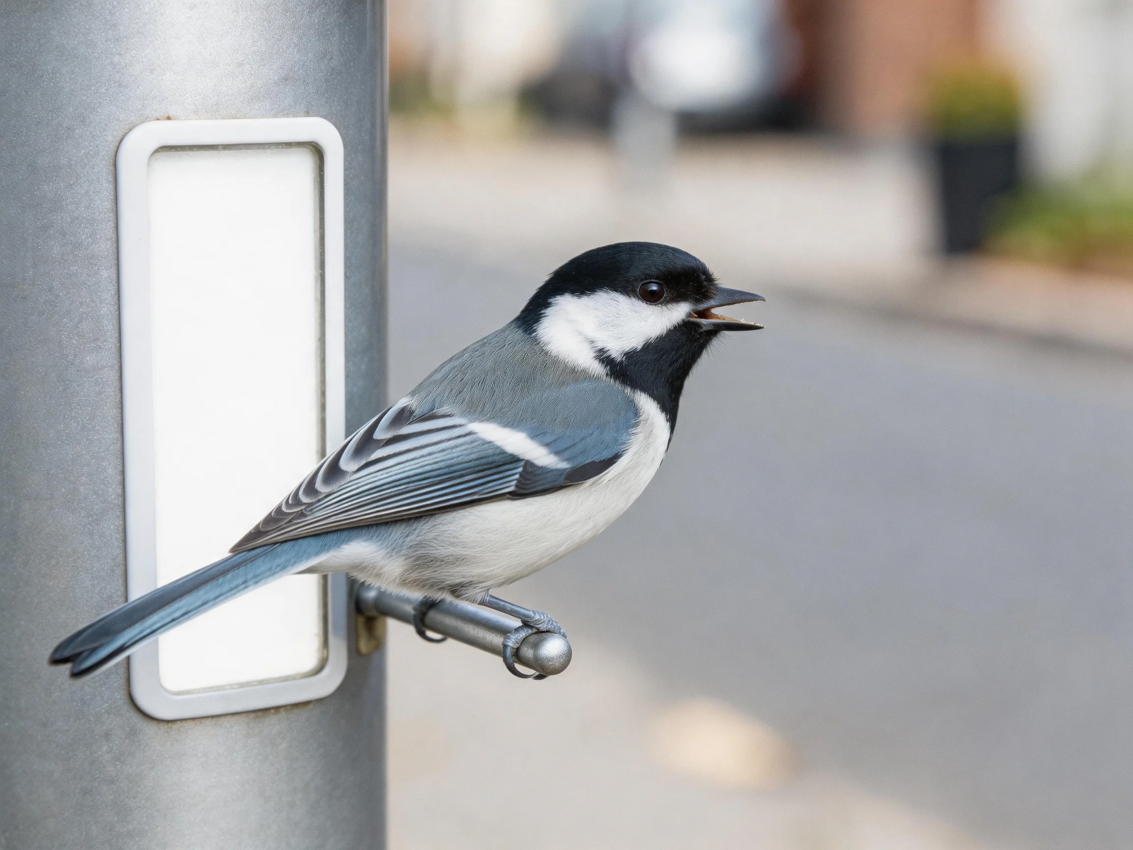 A black, white, and gray bird perched on a metallic pole