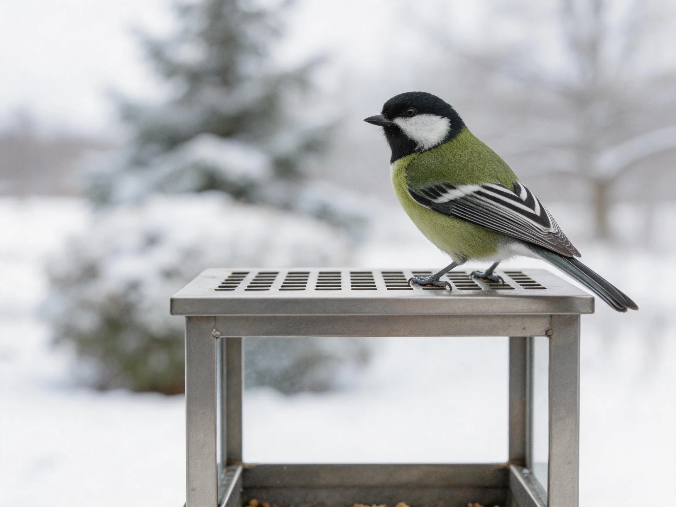 A black, white, and green bird on a metallic winter feeder