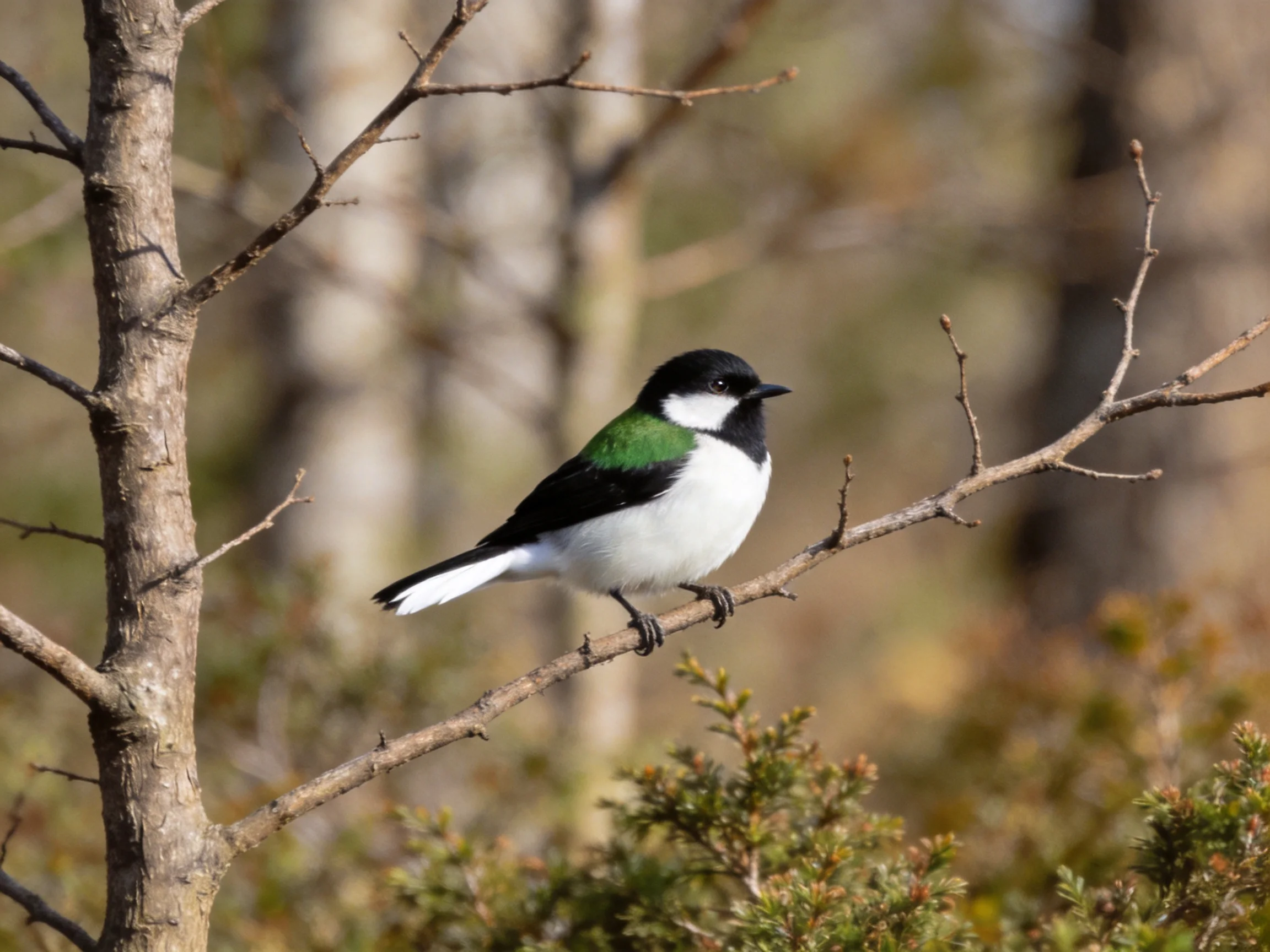 A black, white, and green bird perched on a thin tree branch