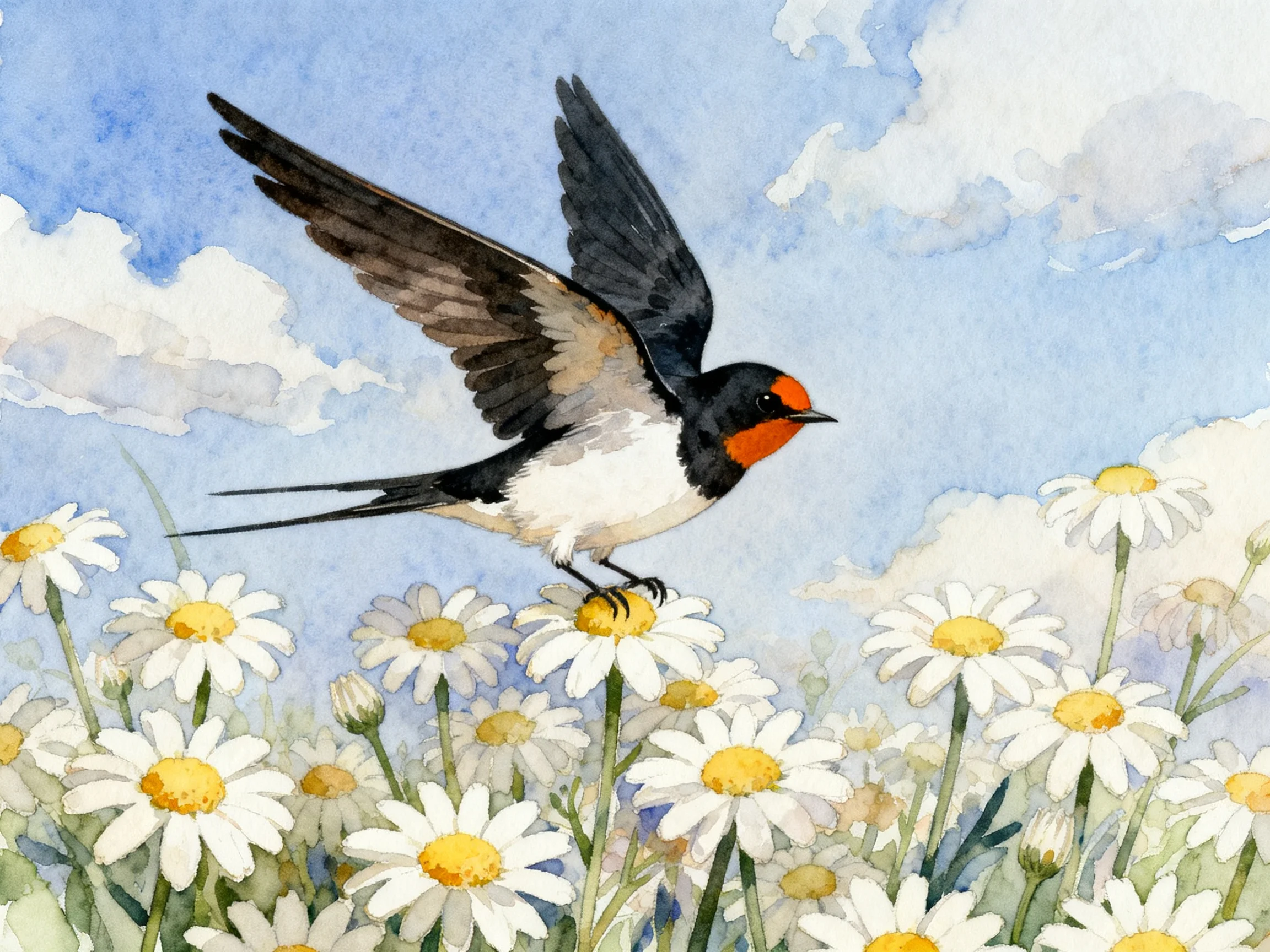 A colorful swallow flies over daisies in a sunny scene.