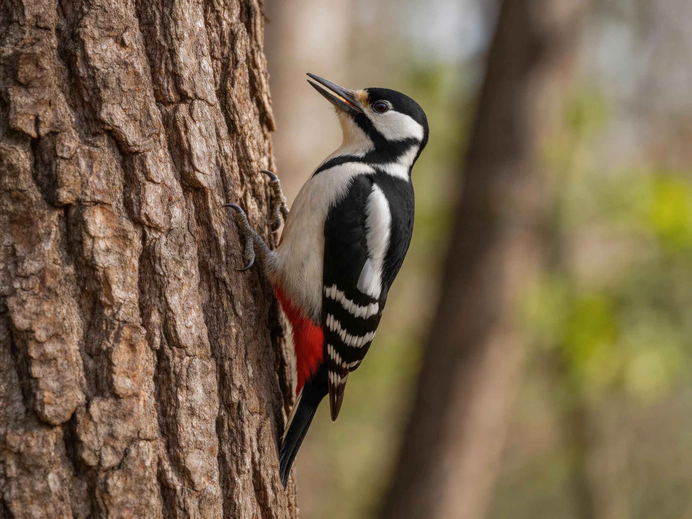 A black, white, and red woodpecker climbs a textured brown tree trunk