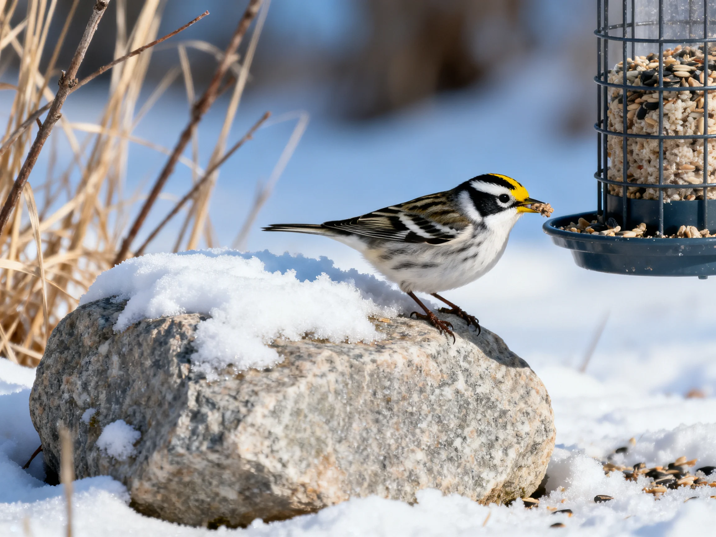 A small bird with distinct black, white, and yellow plumage feeds near a snow-covered rock and bird feeder.