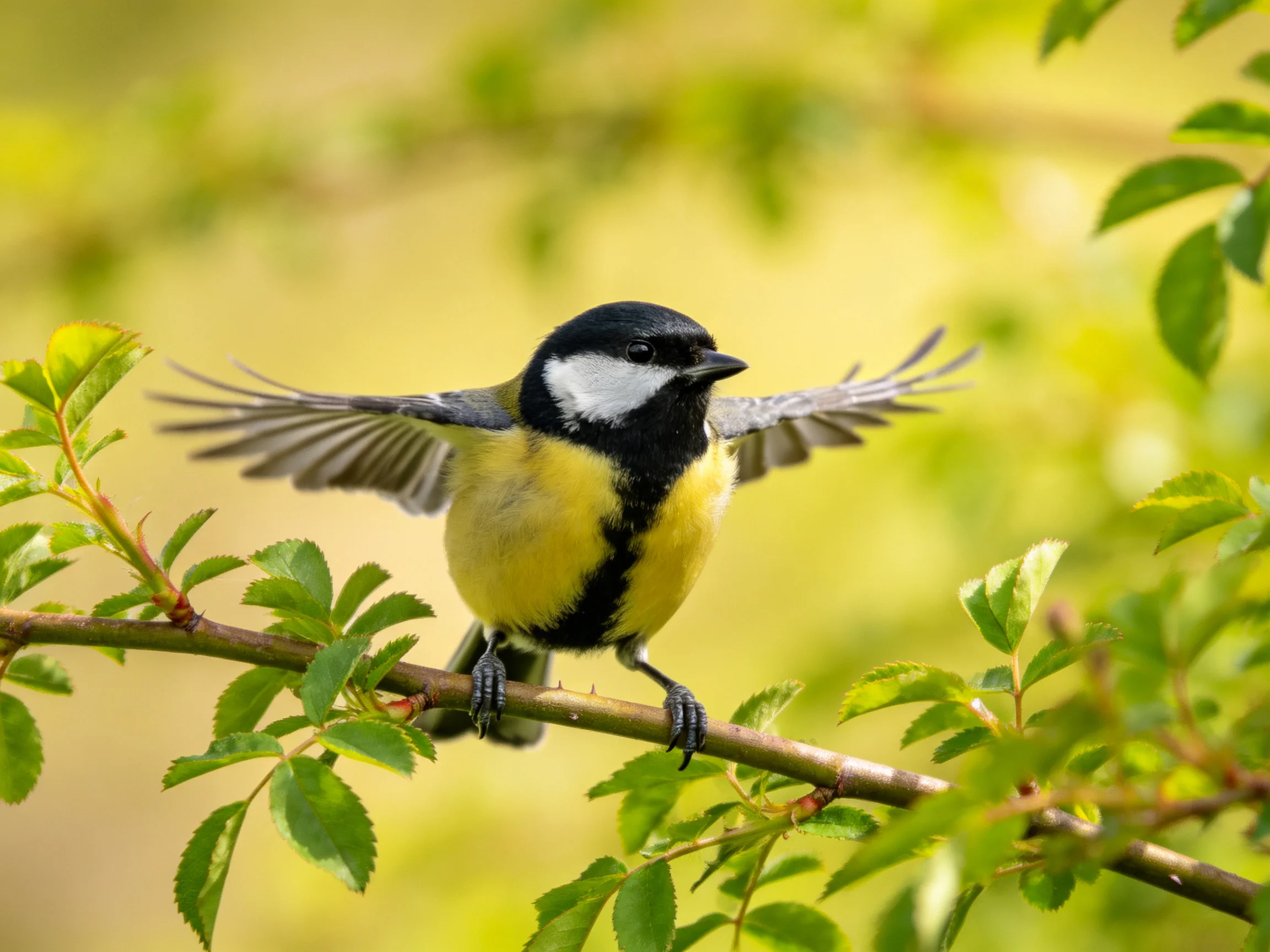 A multicolored bird spreads wings while perched on a leafy branch.