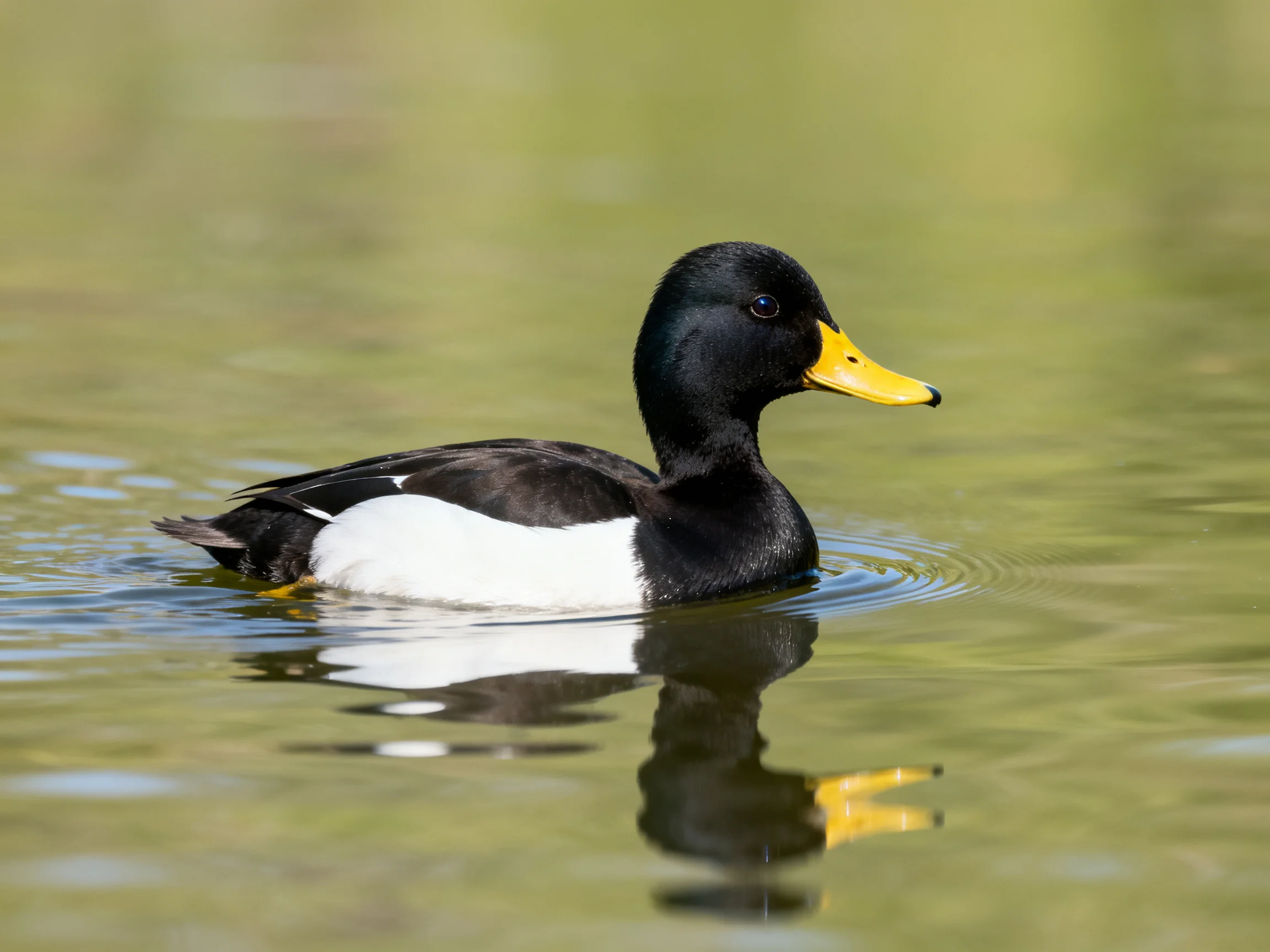 A black, white, and yellow duck swims in calm greenish water