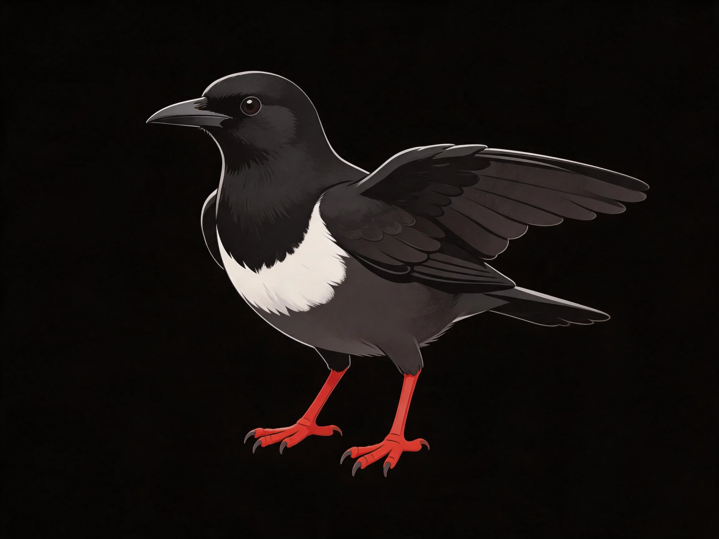 A black, white, gray bird with bright red legs, wings outstretched